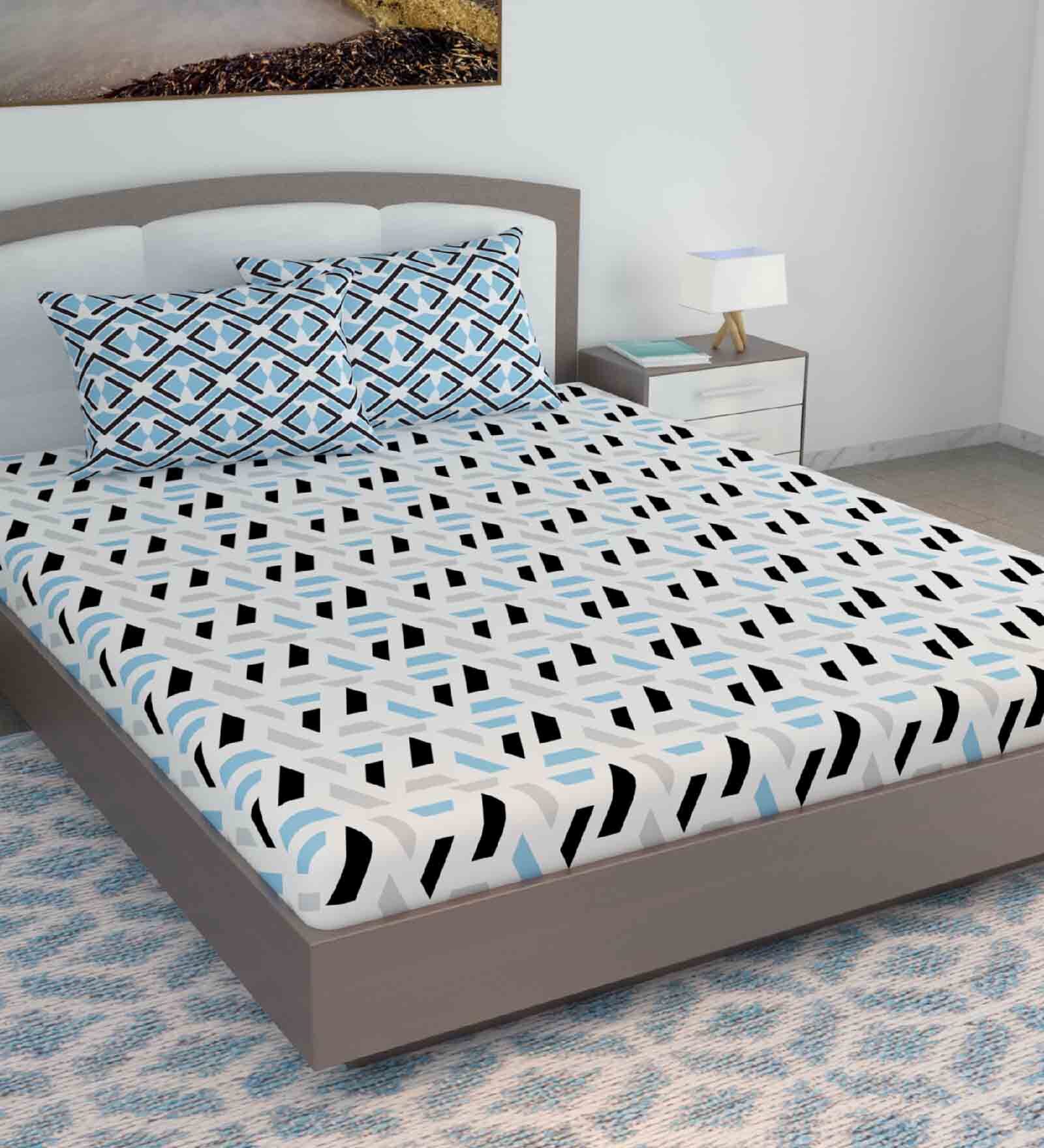 Multicolor Abstract 144 TC Cotton King Sized Bed Sheets with 2 Pillow Covers