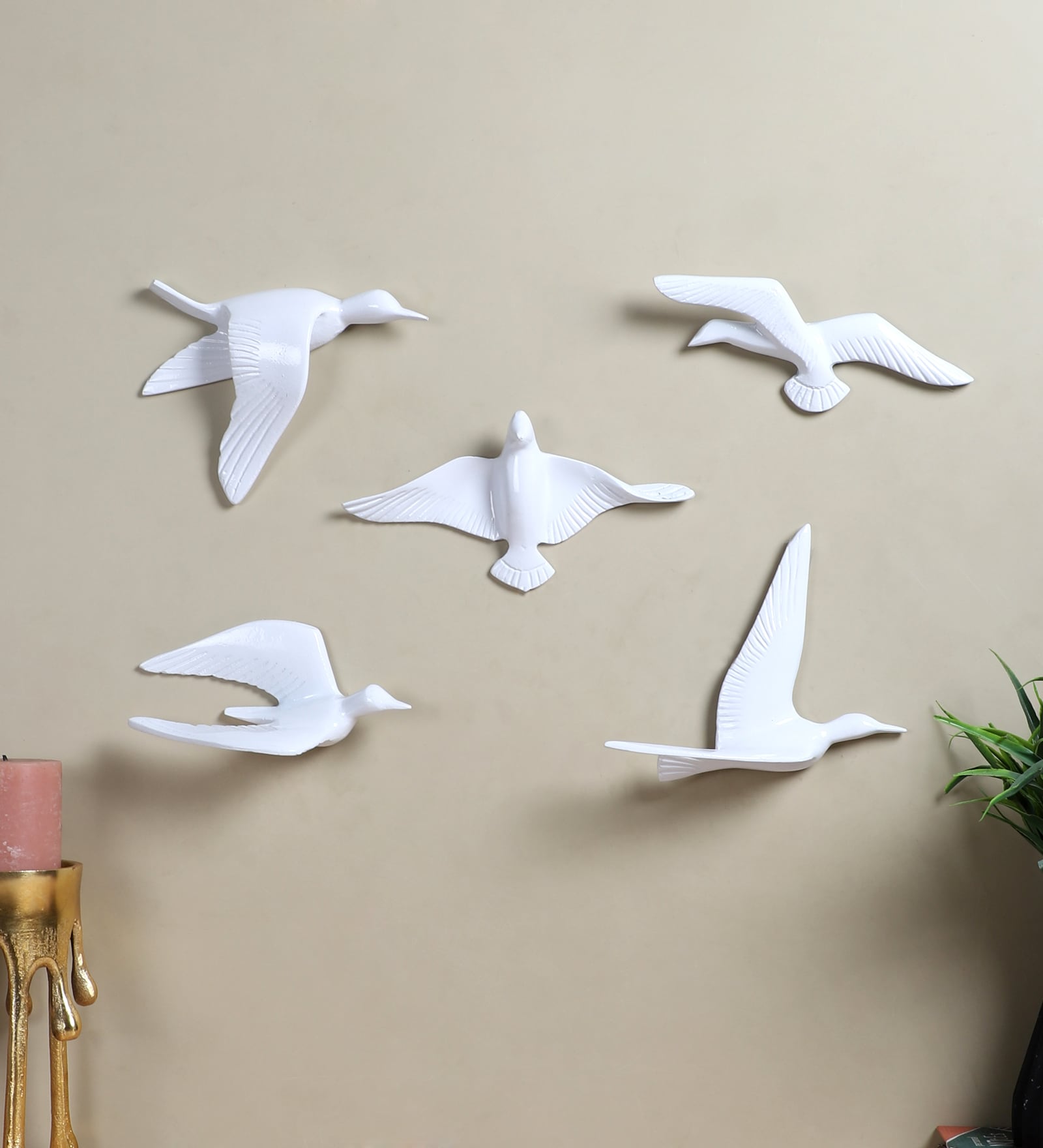 White Aluminium Birds Wall Decor Set of 5