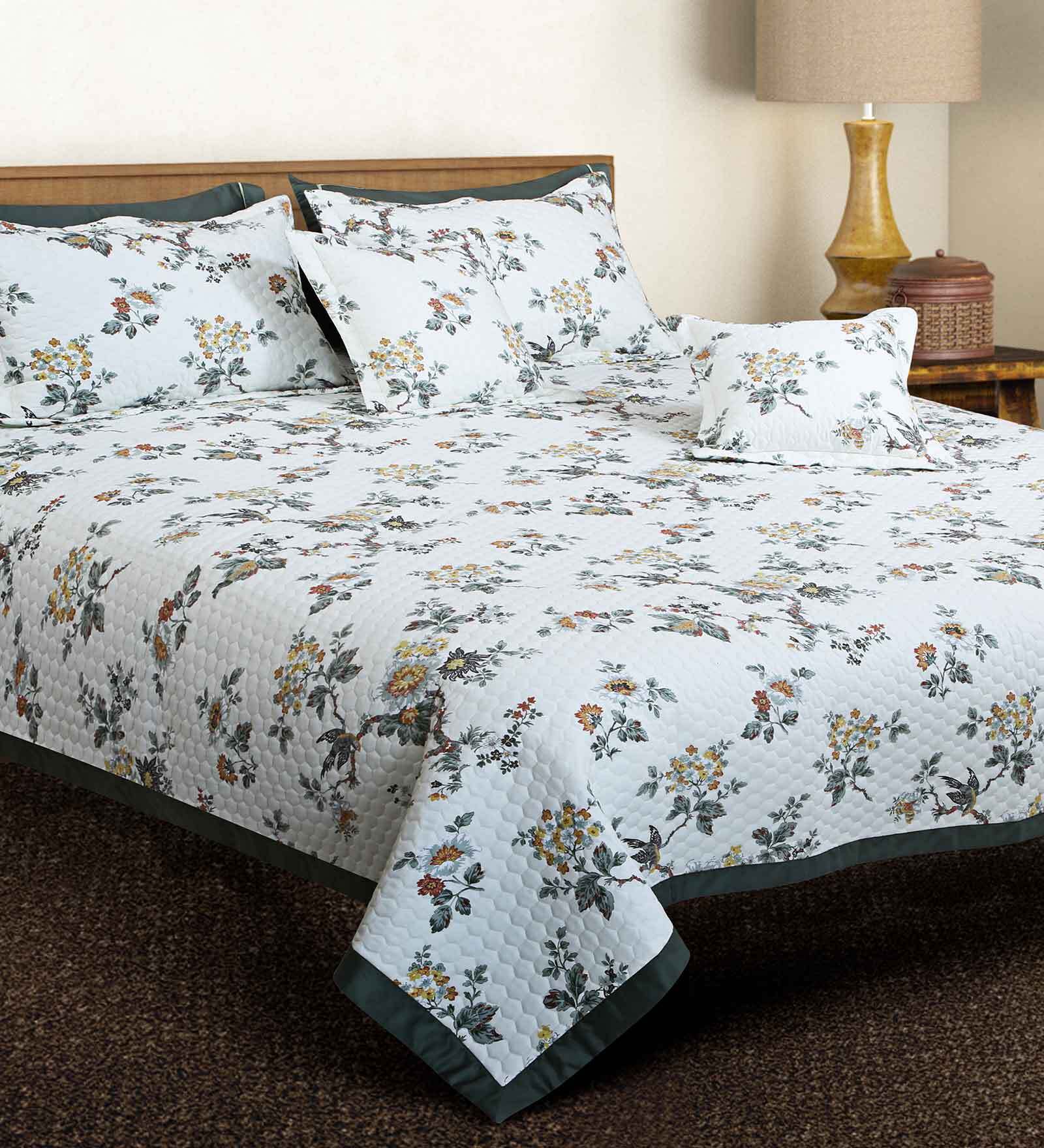 Buy White Floral 250 TC Cotton Quilted Double Bed Cover with 2 Pillow