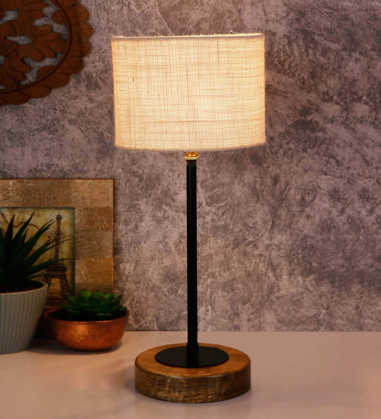 Salerno White Jute Shade Night Lamp With Wood Base