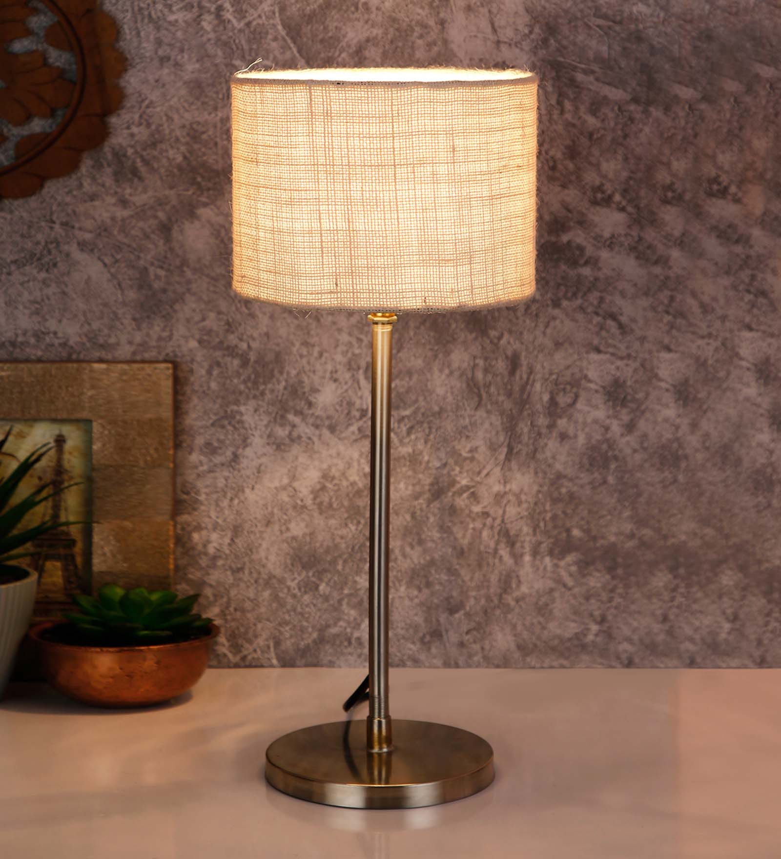 White  Jute  Shade Country Table Lamp With Steel  Base