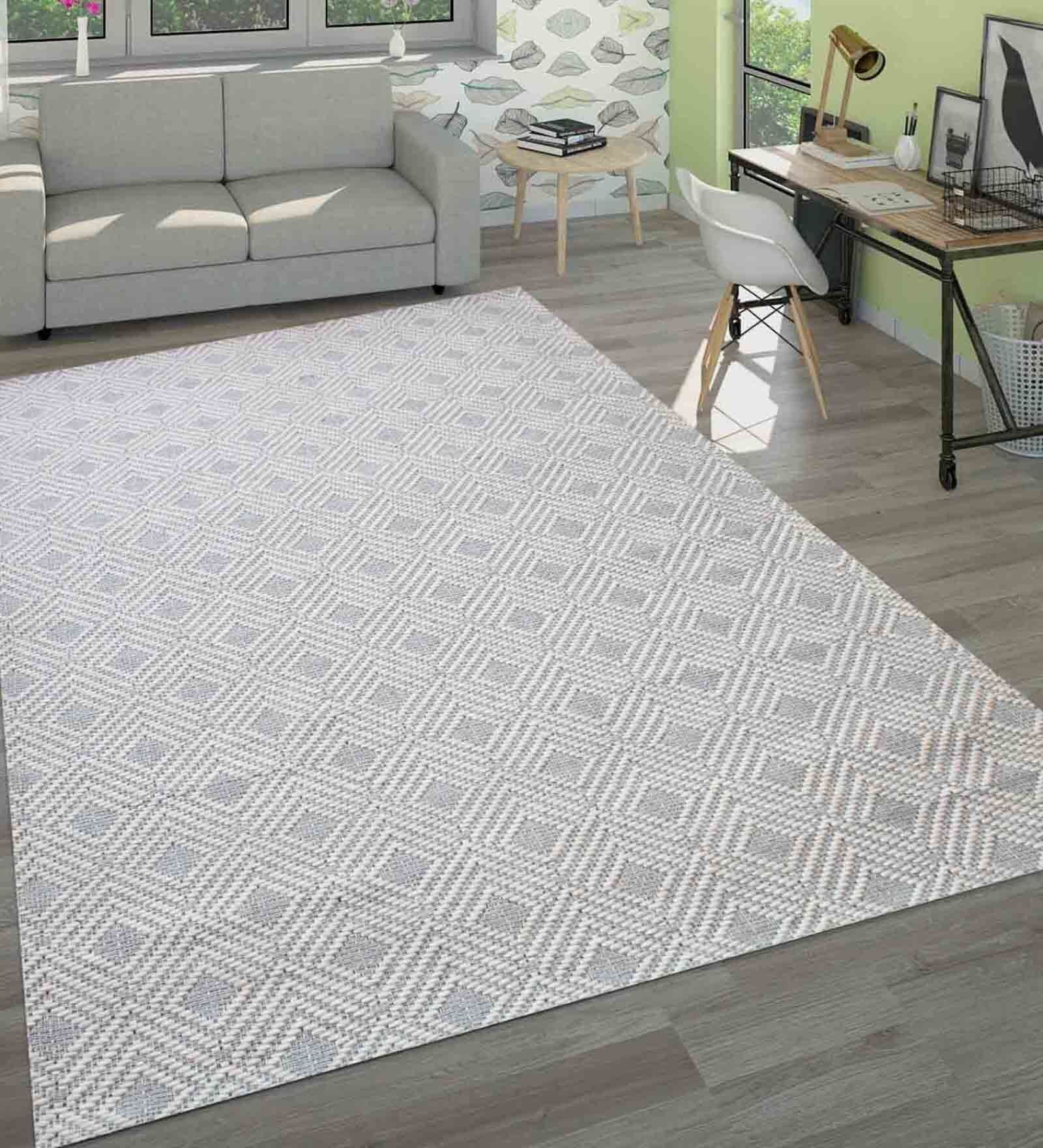 White  Samara Geometric Wool 5ft x 8ft Hand Woven Carpet
