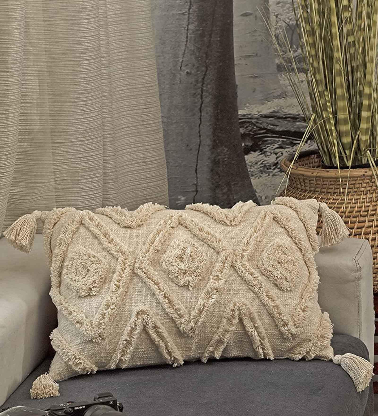 Cream Woven Cotton 20 x 12 Inches Cushion Cover