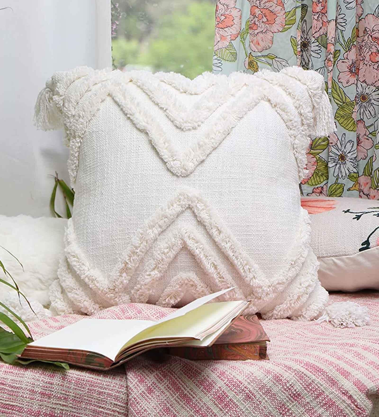White Woven Geometric Cotton 16 x 16 Inches Cushion Cover