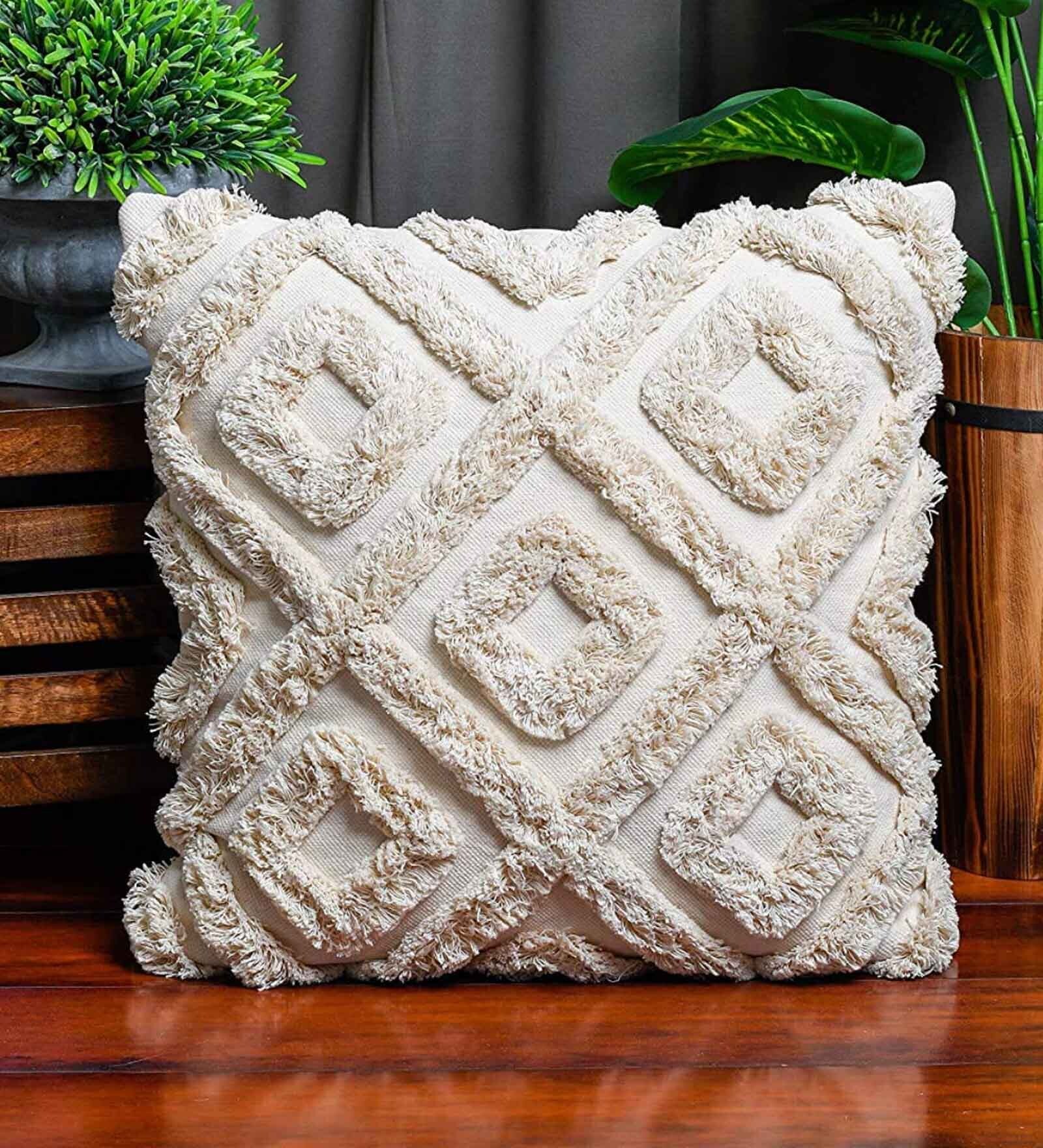 White Woven Geometric Cotton 16 x 16 Inch Cushion Cover