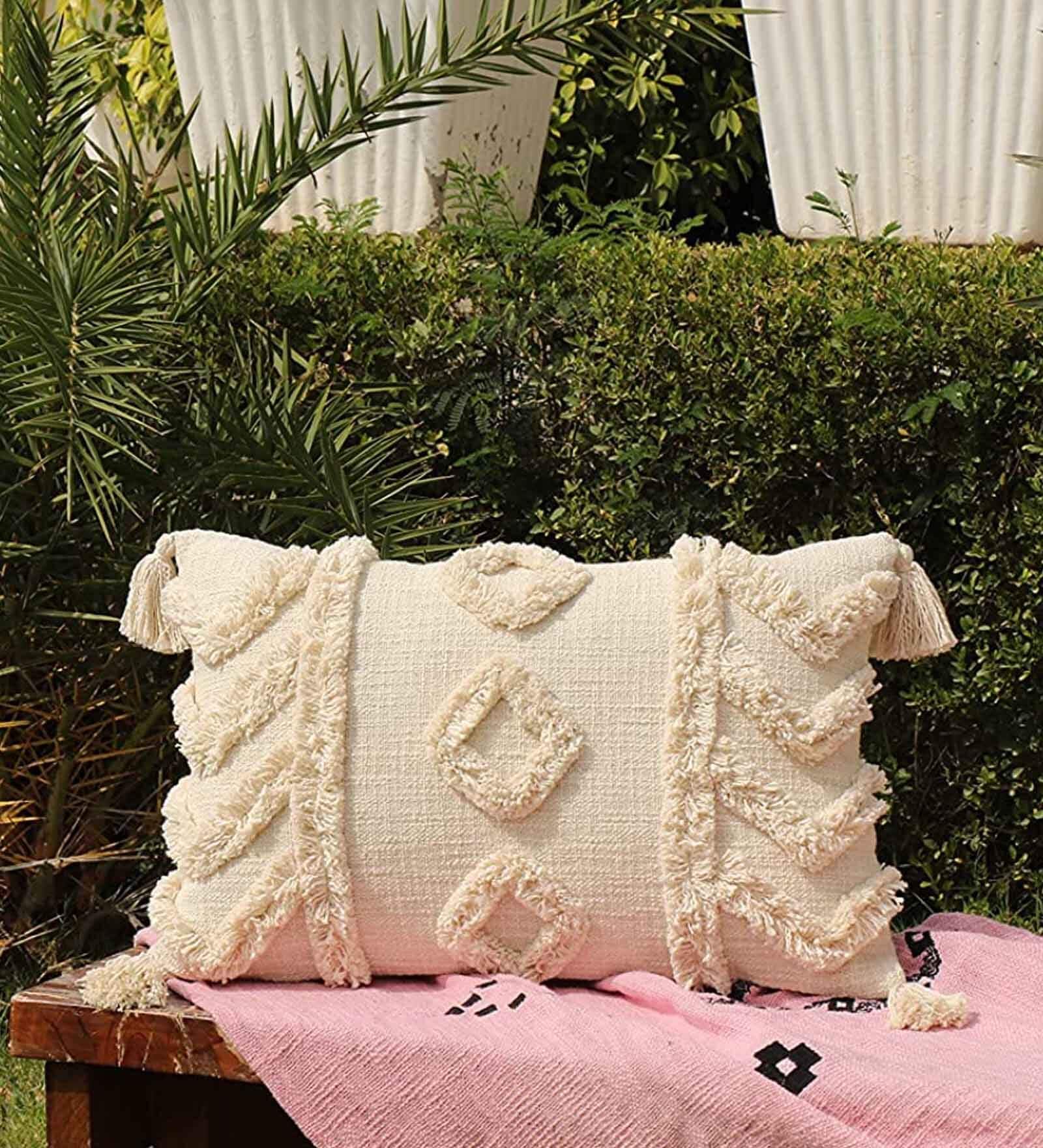 White Woven Cotton 24 x 16 Inches Cushion Cover
