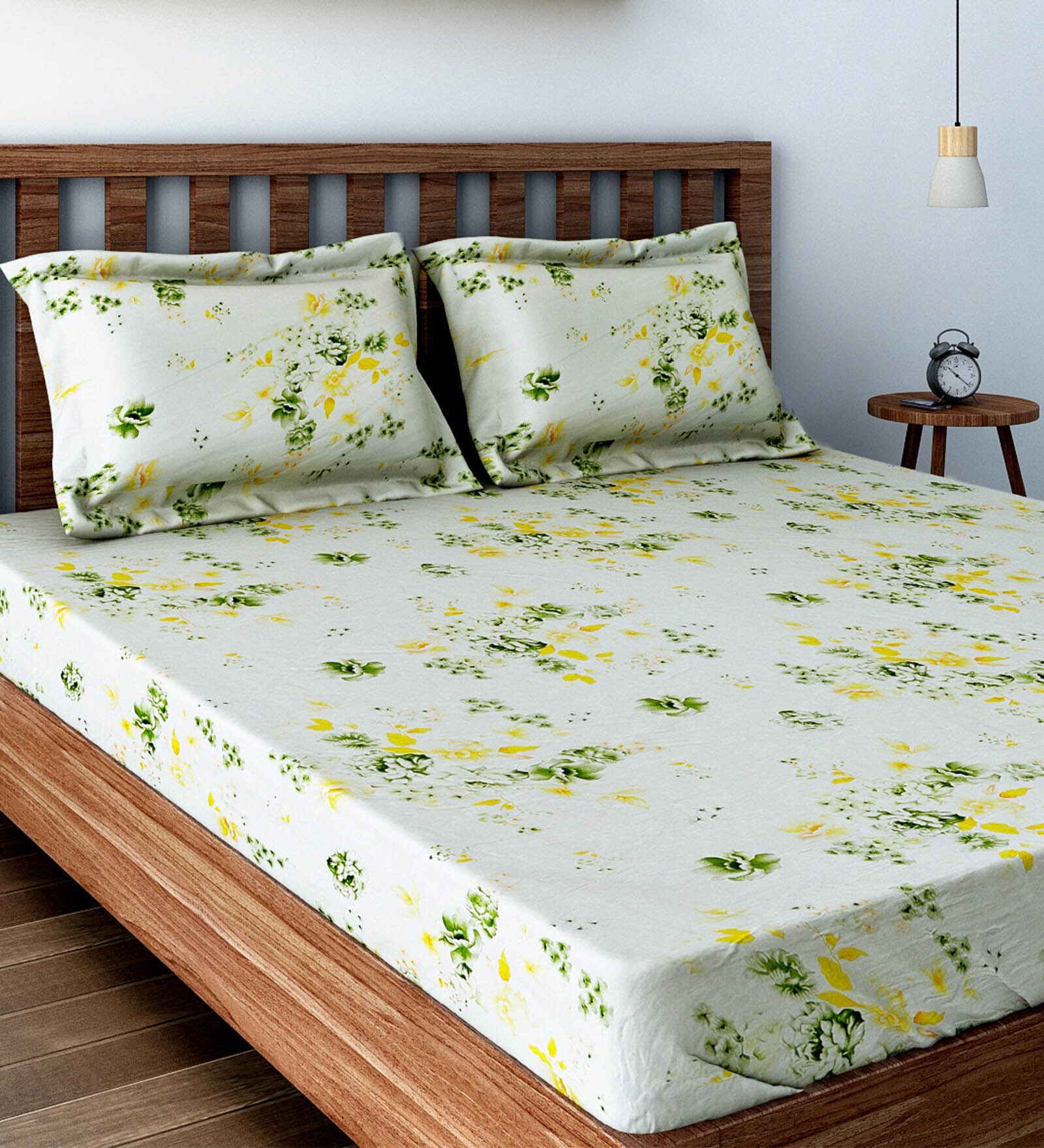 Green Floral Print 240 TC Cotton Double Bed Sheet With 2 Pillow Covers (SHKV1042) main image 1