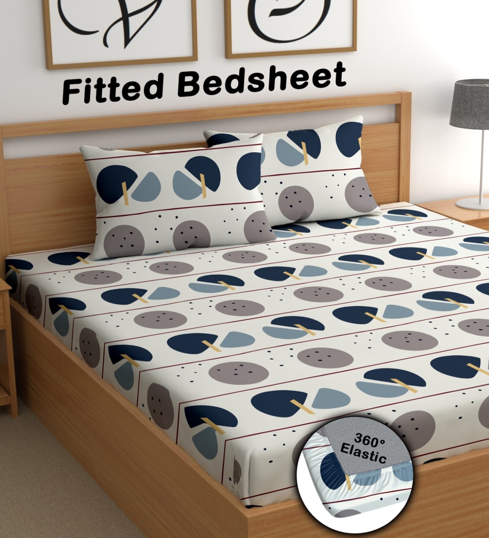 White 180 TC Geometric Cotton Fitted Double Bedsheet 2 Pillow covers