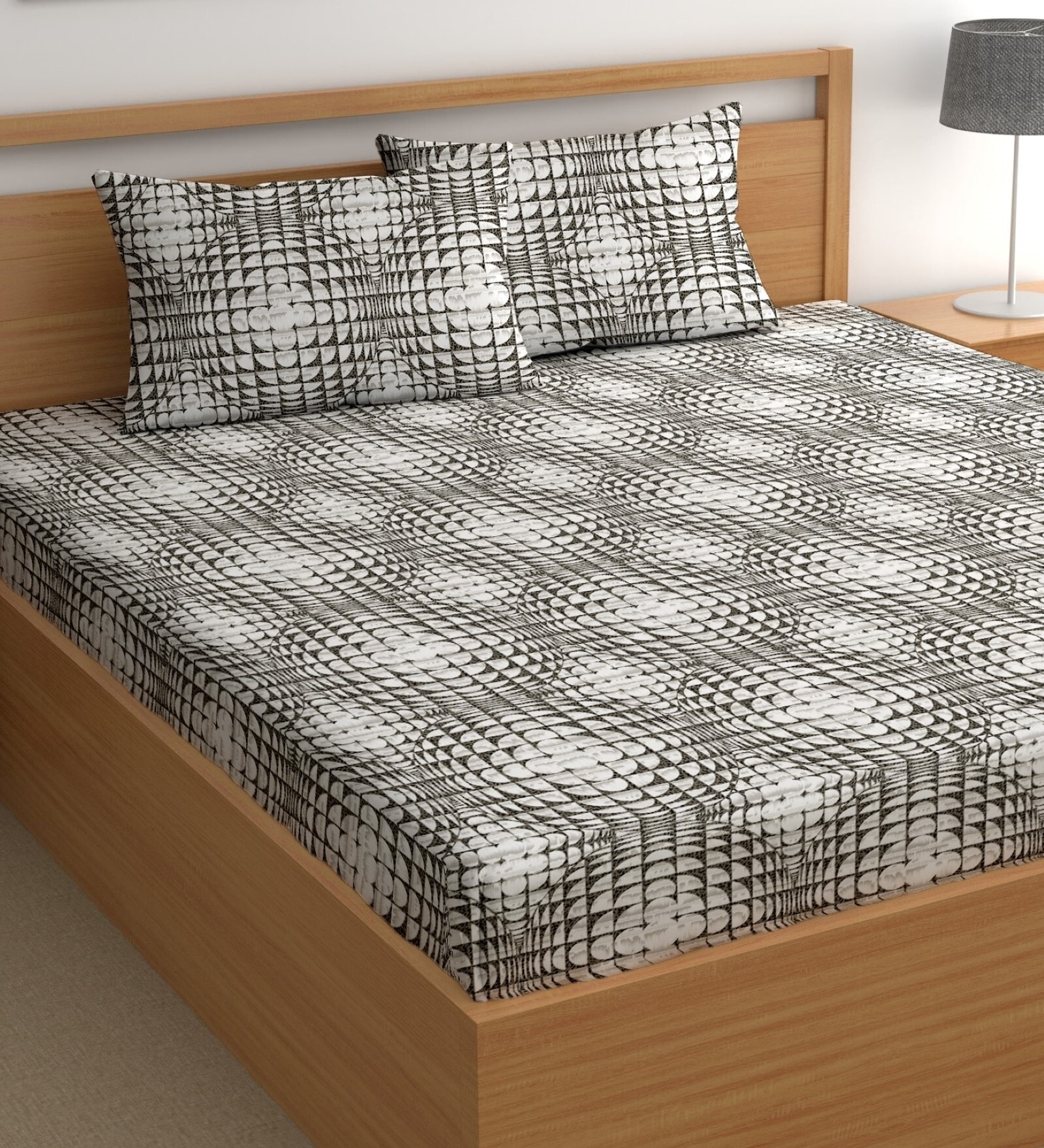 White 200 TC Abstract Cotton Queen Double Bedsheet 2 Pillow covers