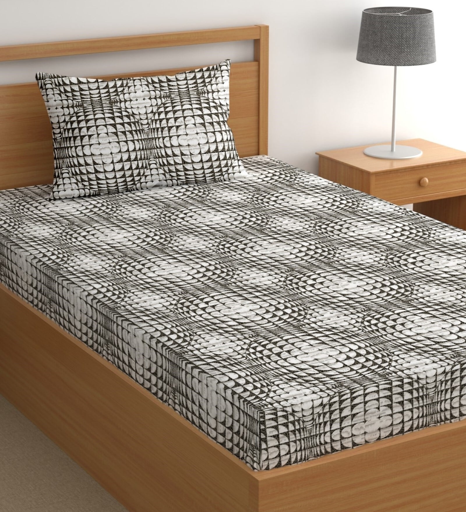 White 200 TC Abstract Cotton Single Bedsheet Pillow covers