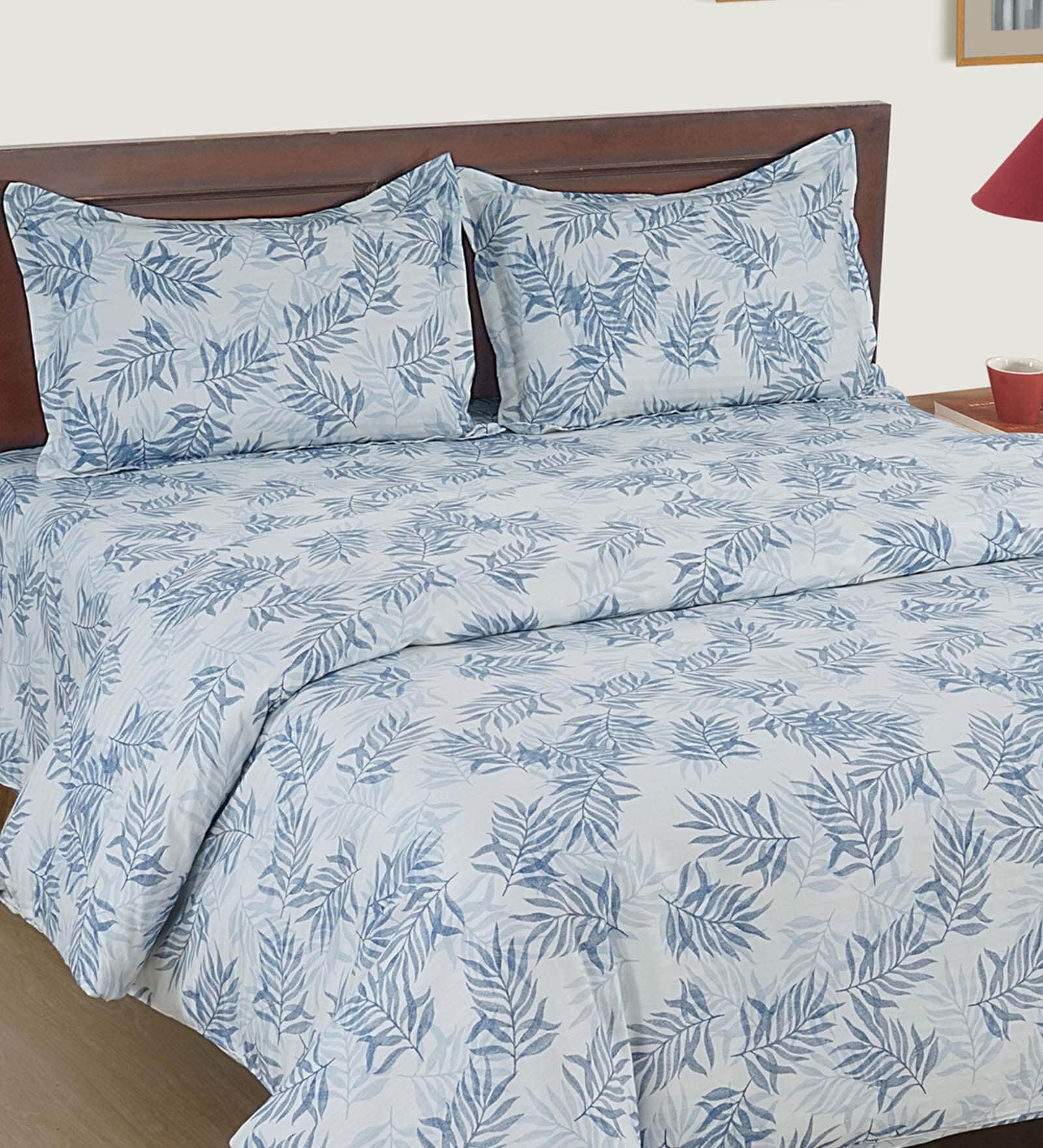 White 210 TC Leaf Print Cotton Satin Single Bed Sheet with 1 Pillow Cover