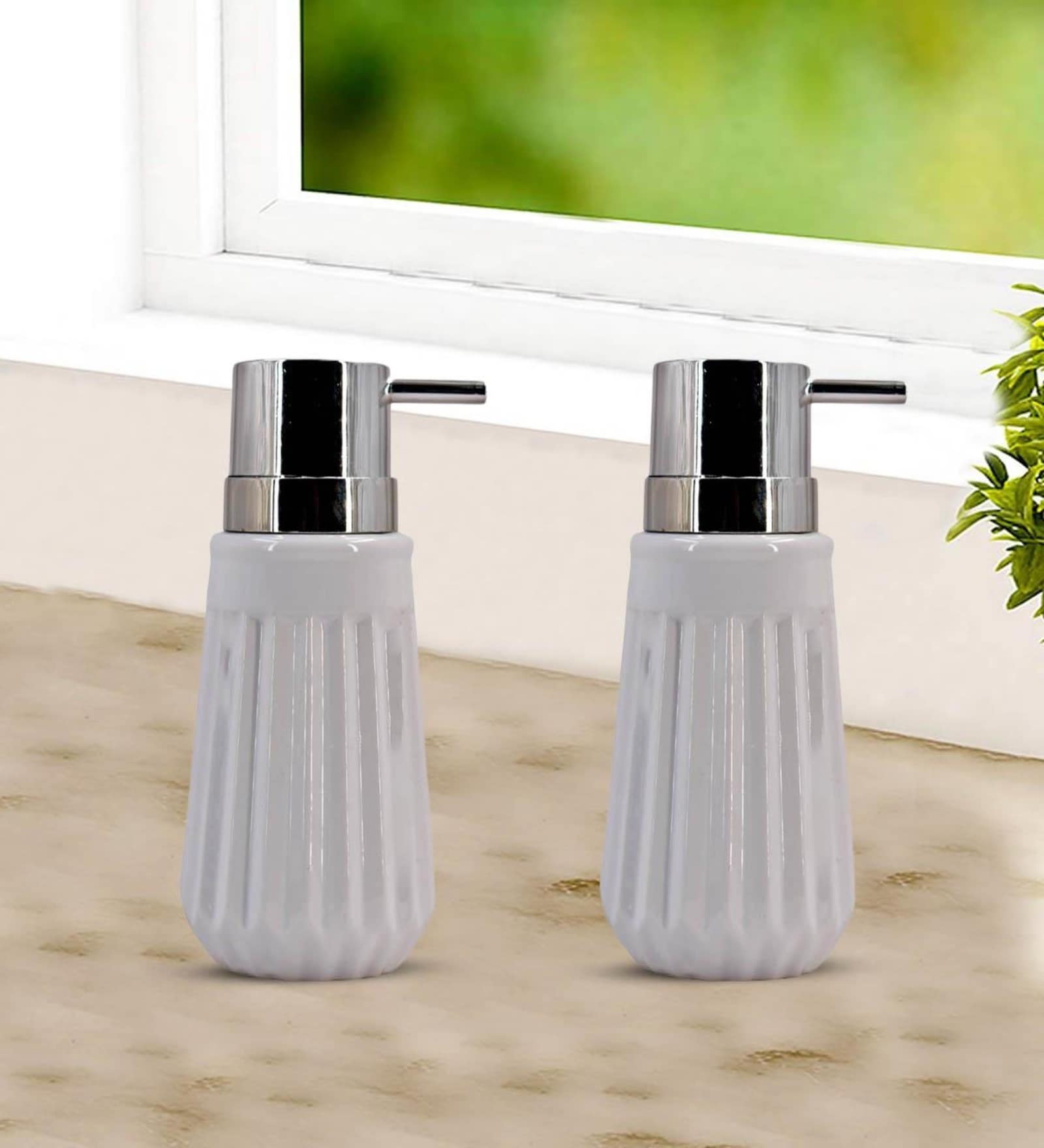 White 300 ml Ceramic Liquid Soap Dispenser (Set of 2) 