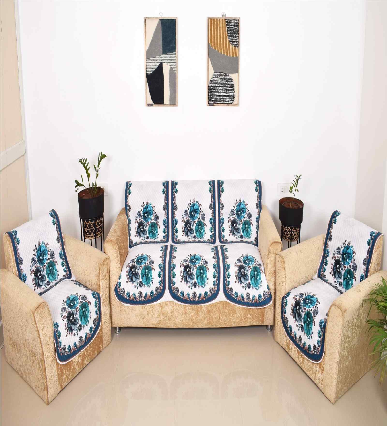White 5 Seater Floral 10Pcs Sofa Covers