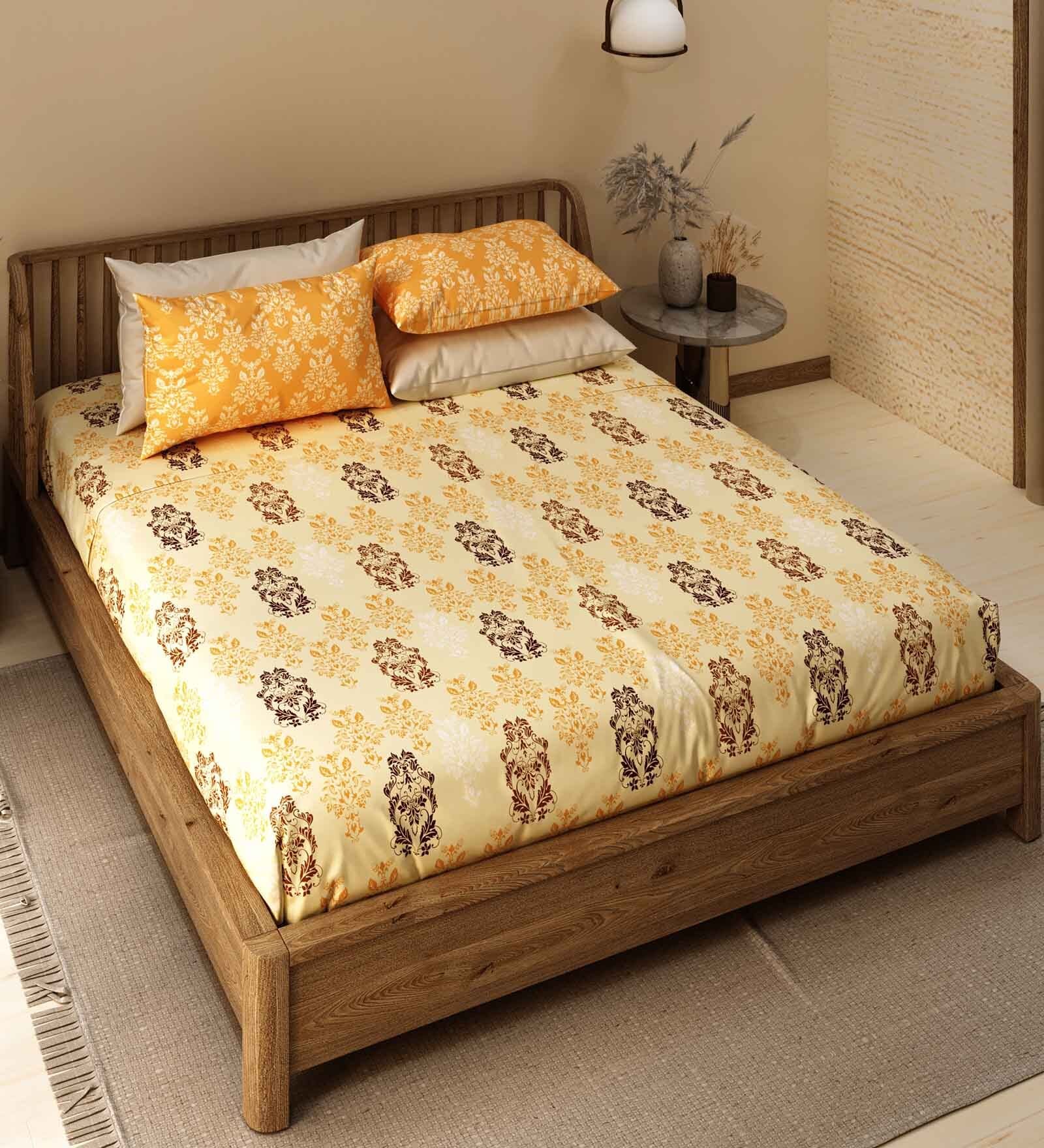 Orange Ethanic Motif Traditional 200 TC Cotton King Sized Bedsheet with 2 Pillow Covers