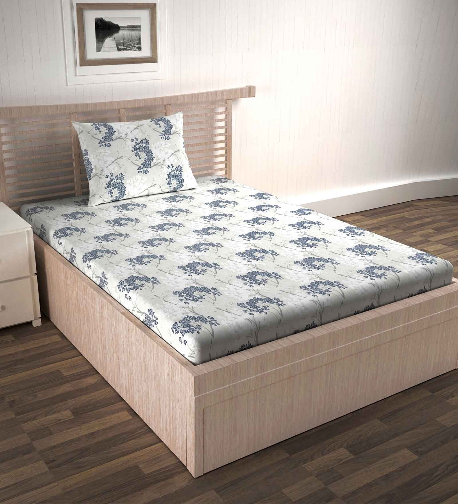 White Floral 144 TC Cotton Fitted Double Bedsheet with 2 Pillow Covers