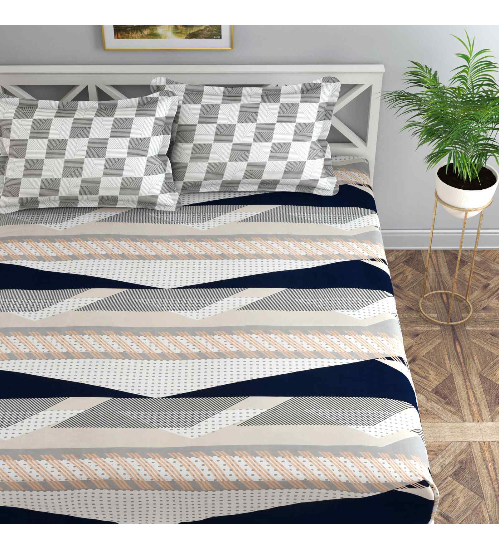 White Abstract 144 TC Cotton Queen Sized Bedsheet Bedsheet 2 Pillow Prime Collection