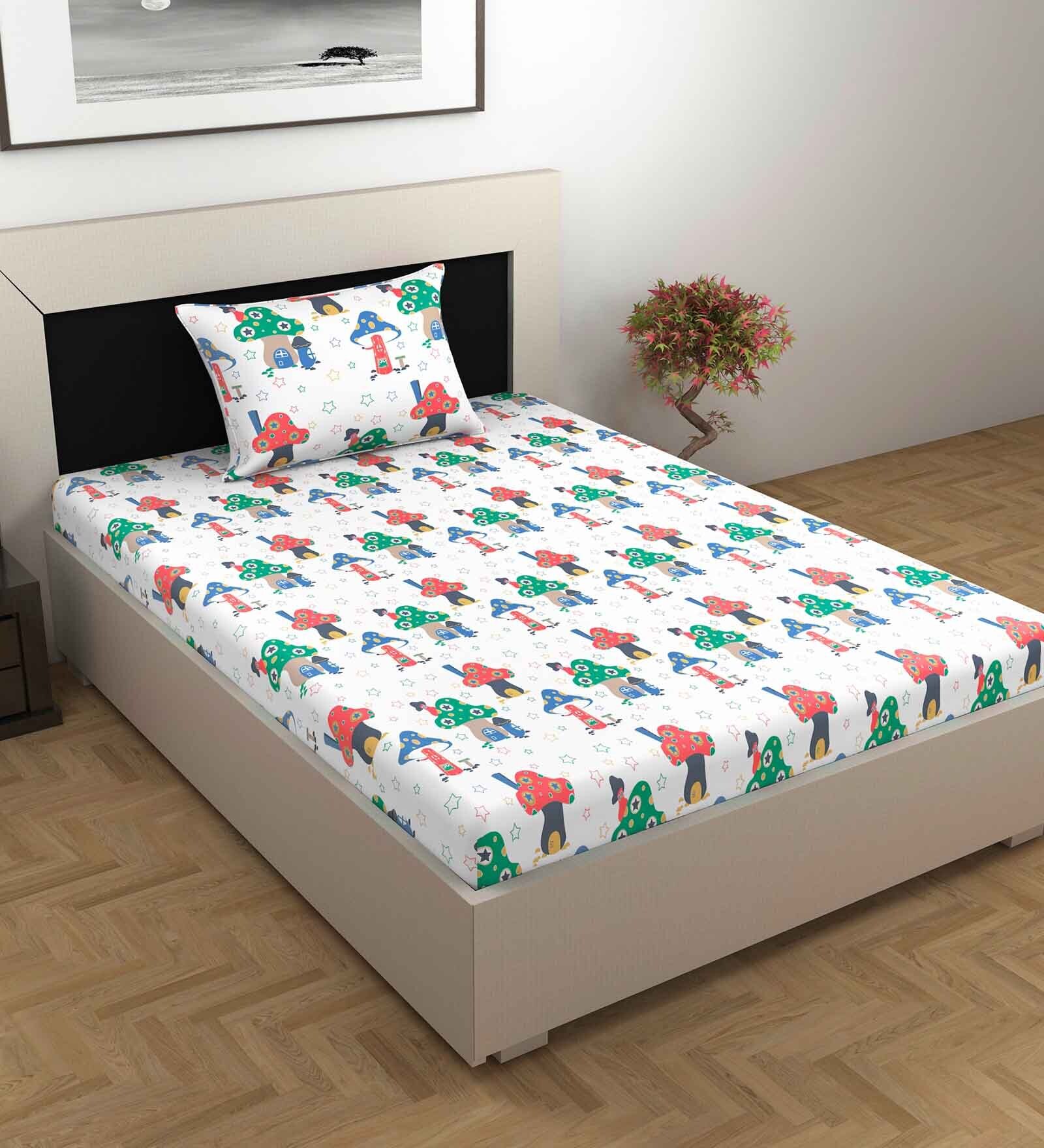 White Abstract 144 TC Cotton Single Bedsheet With 1 Pillow Cover