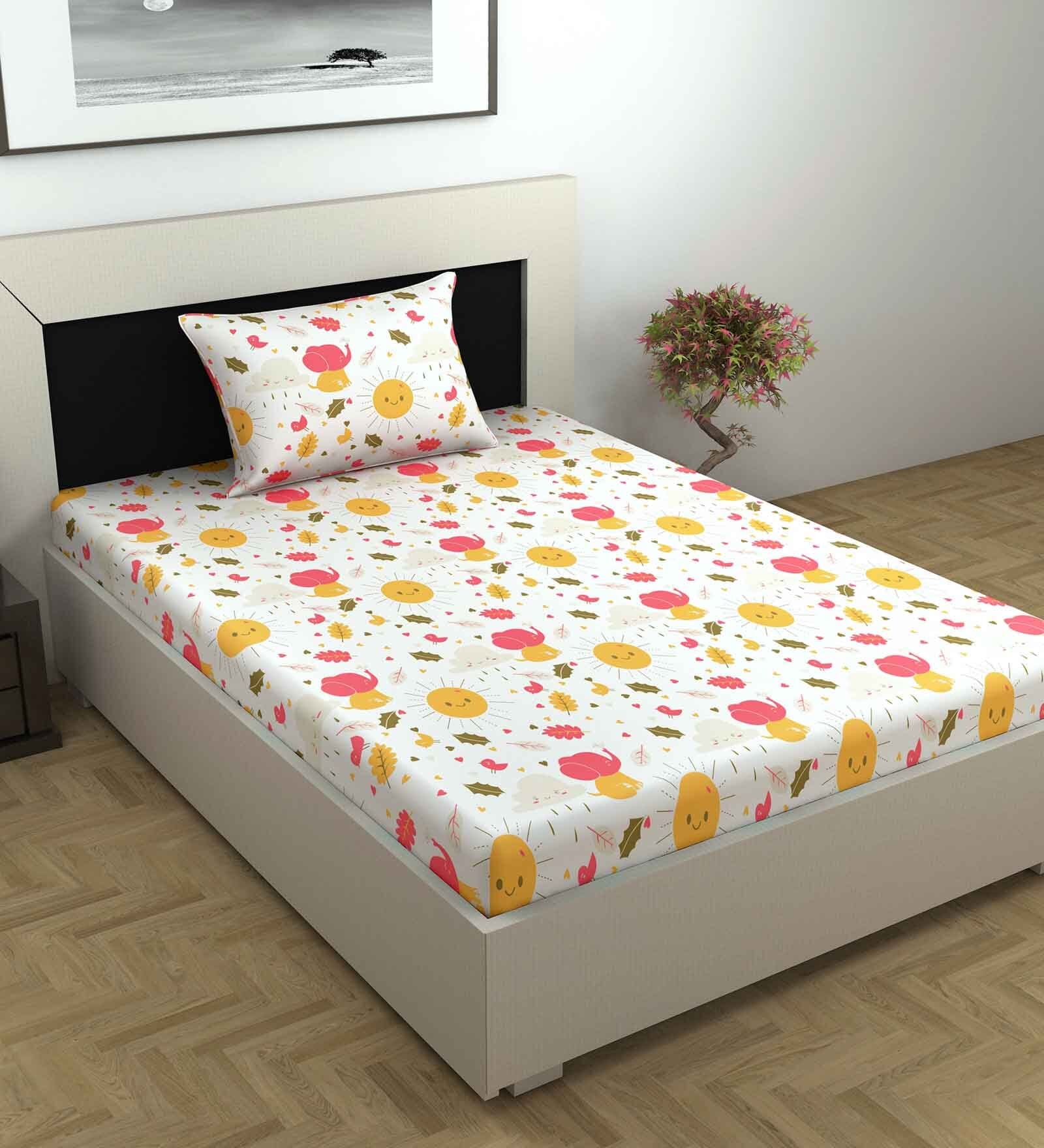 White Abstract 144 TC Cotton Single Bedsheet With 1 Pillow Cover