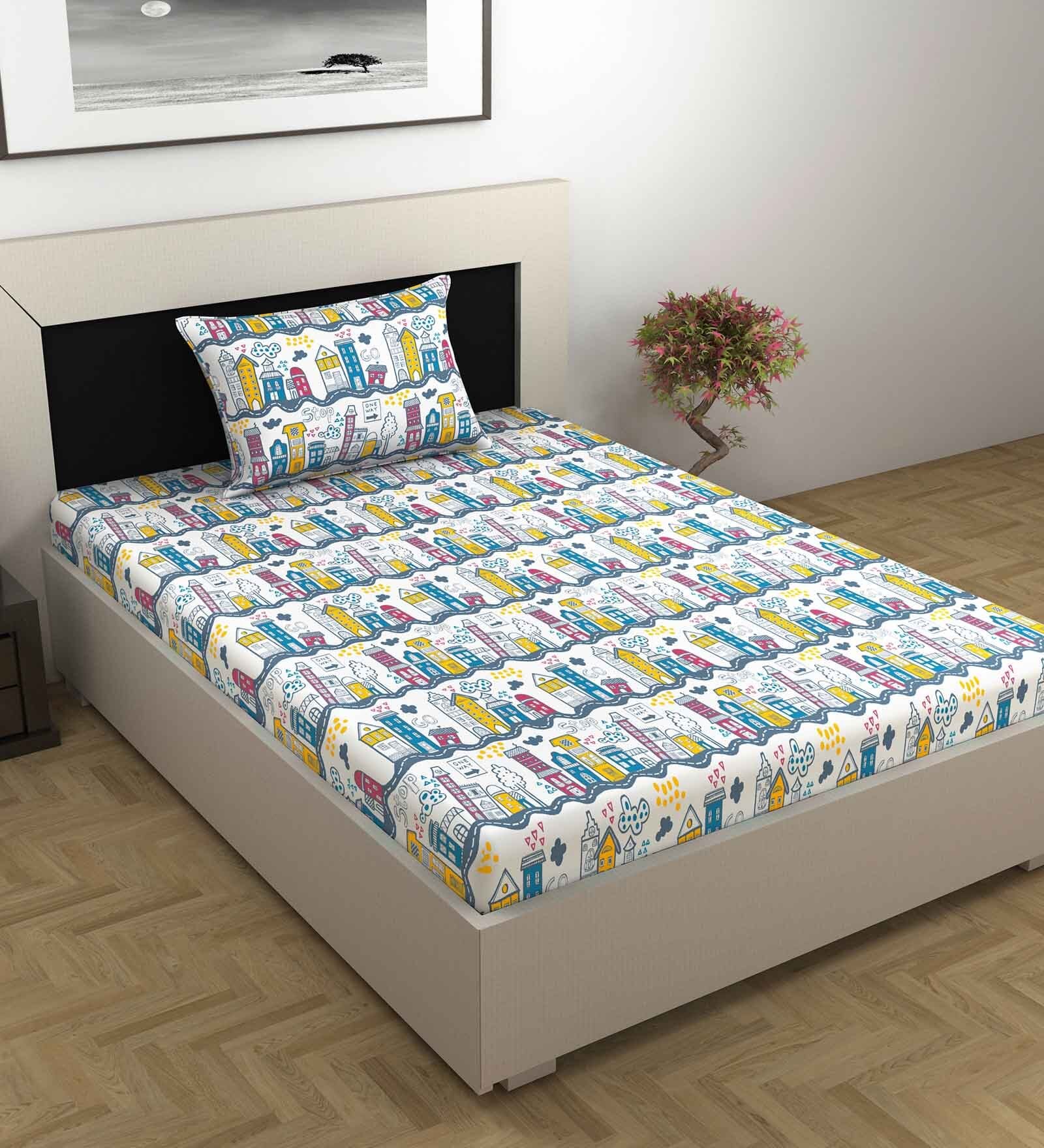White Abstract 144 TC Cotton Single Bedsheet With 1 Pillow Cover