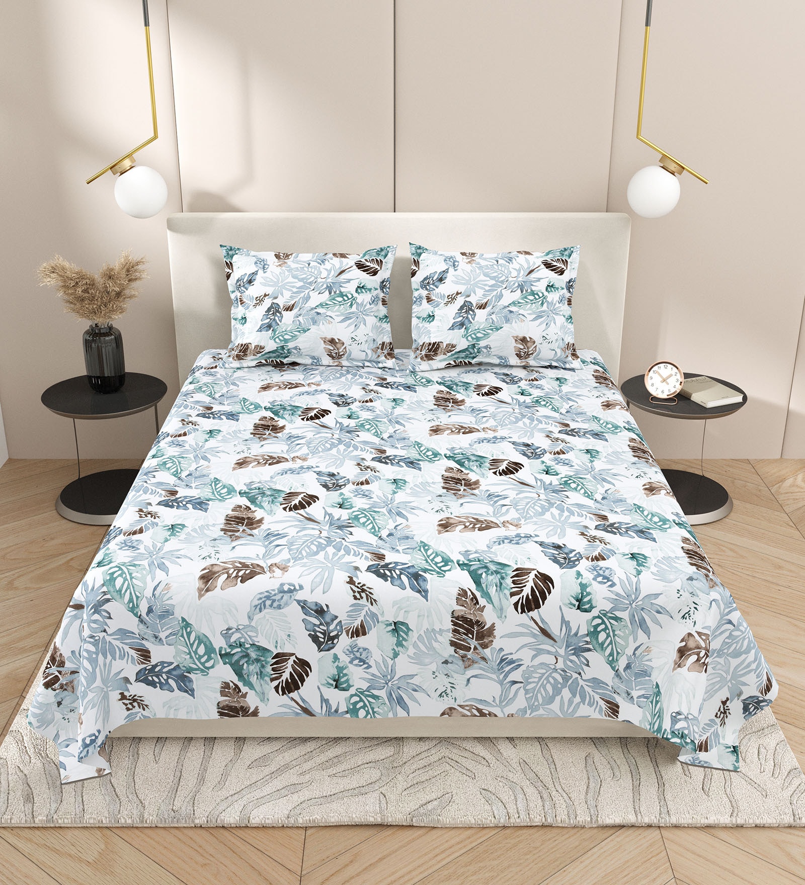 White Abstract 220 Tc Cotton Super King Bedsheet With 2 Pillow Covers