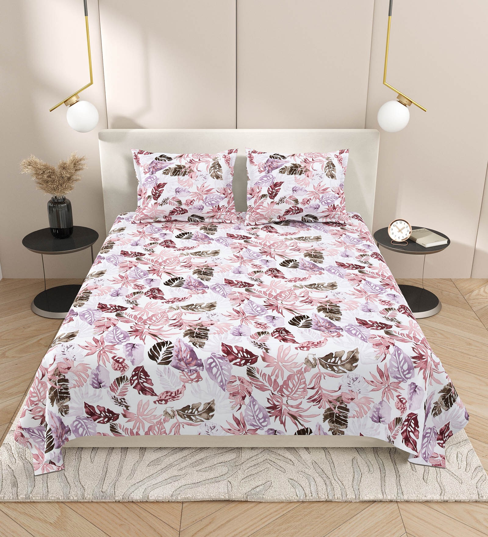Pink Abstract 220 Tc Cotton Super King Bedsheet With 2 Pillow Covers
