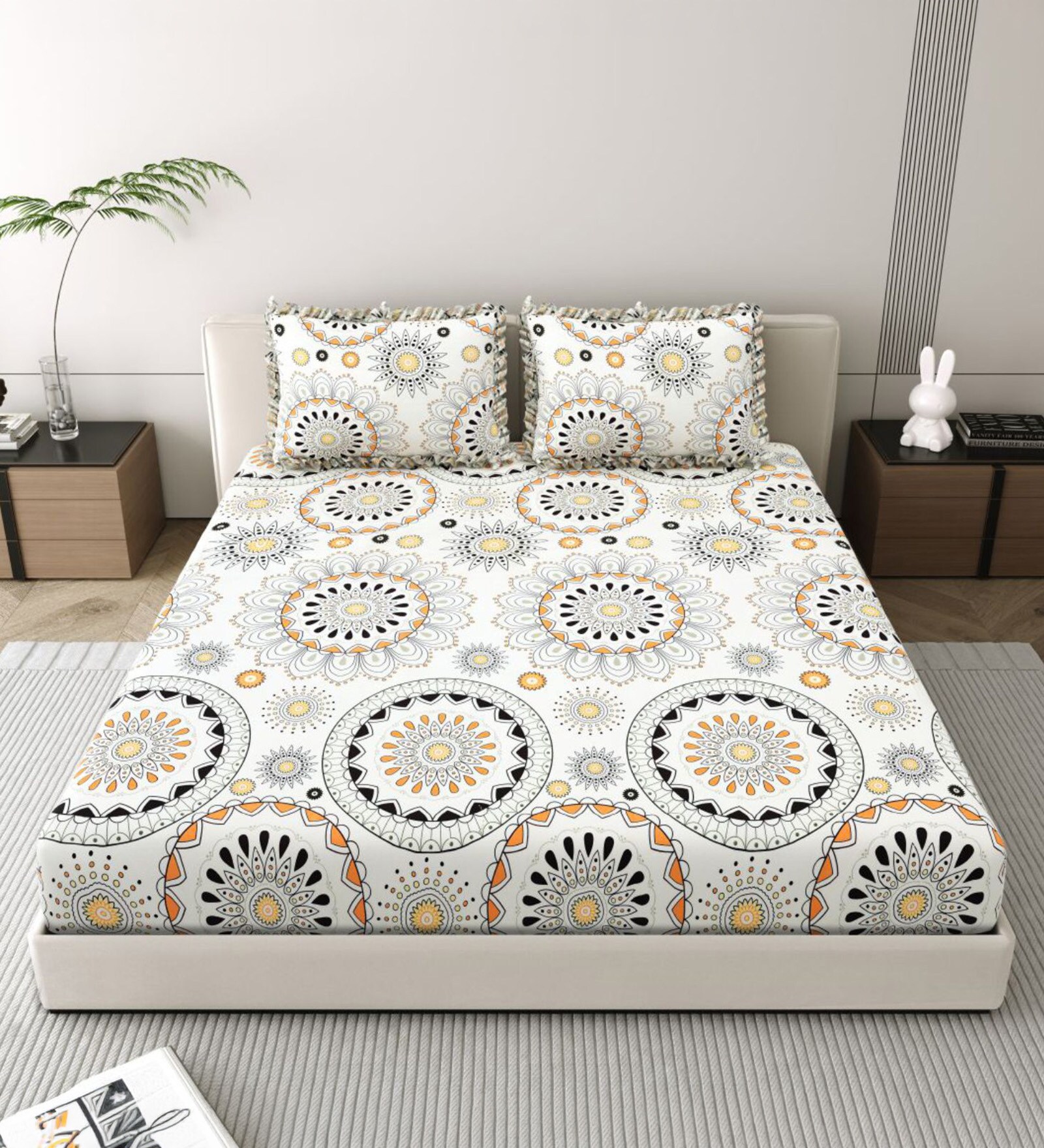 White Abstract 260 Tc Polycotton King Fitted Bedsheet With 2 Pillow Covers