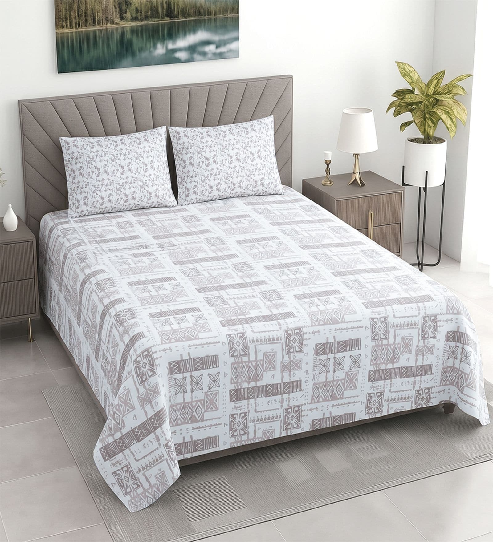 White Abstract 400 TC Cotton Superking Size Bedsheet With 2 Pillow Covers Threads