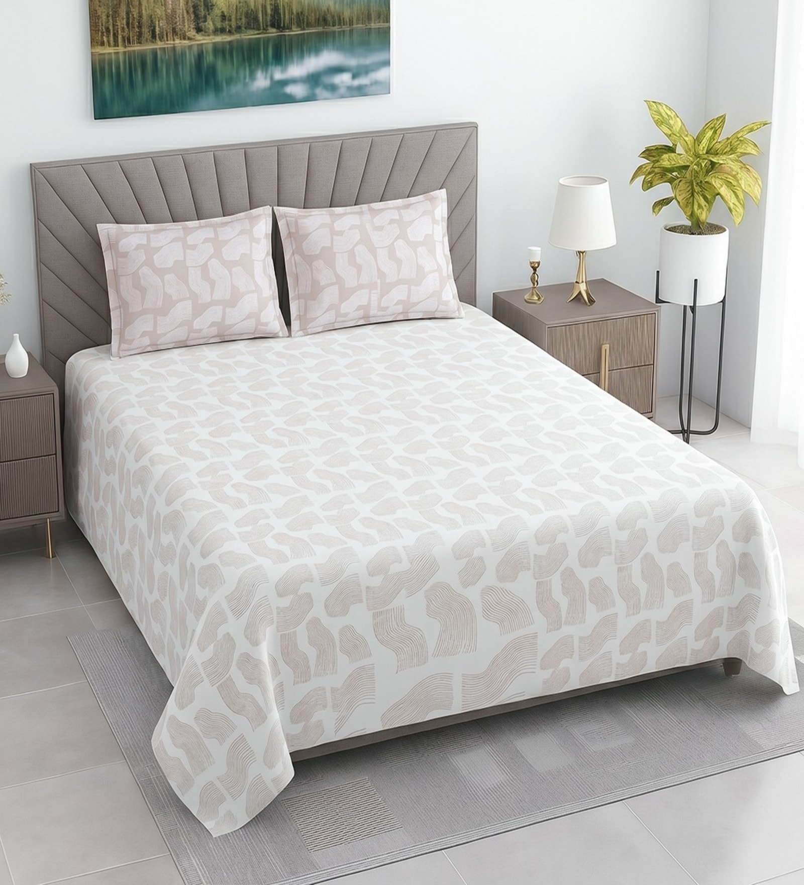 White Abstract 400 TC Cotton Superking Size Bedsheet With 2 Pillow Covers Threads