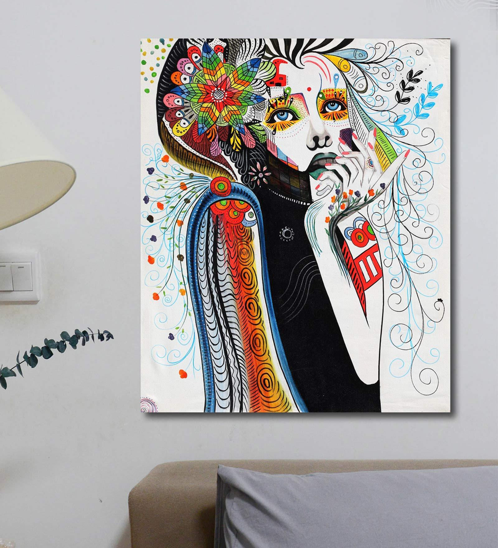 White Acrylic Canvas Flower Girl Unframed Original Painting