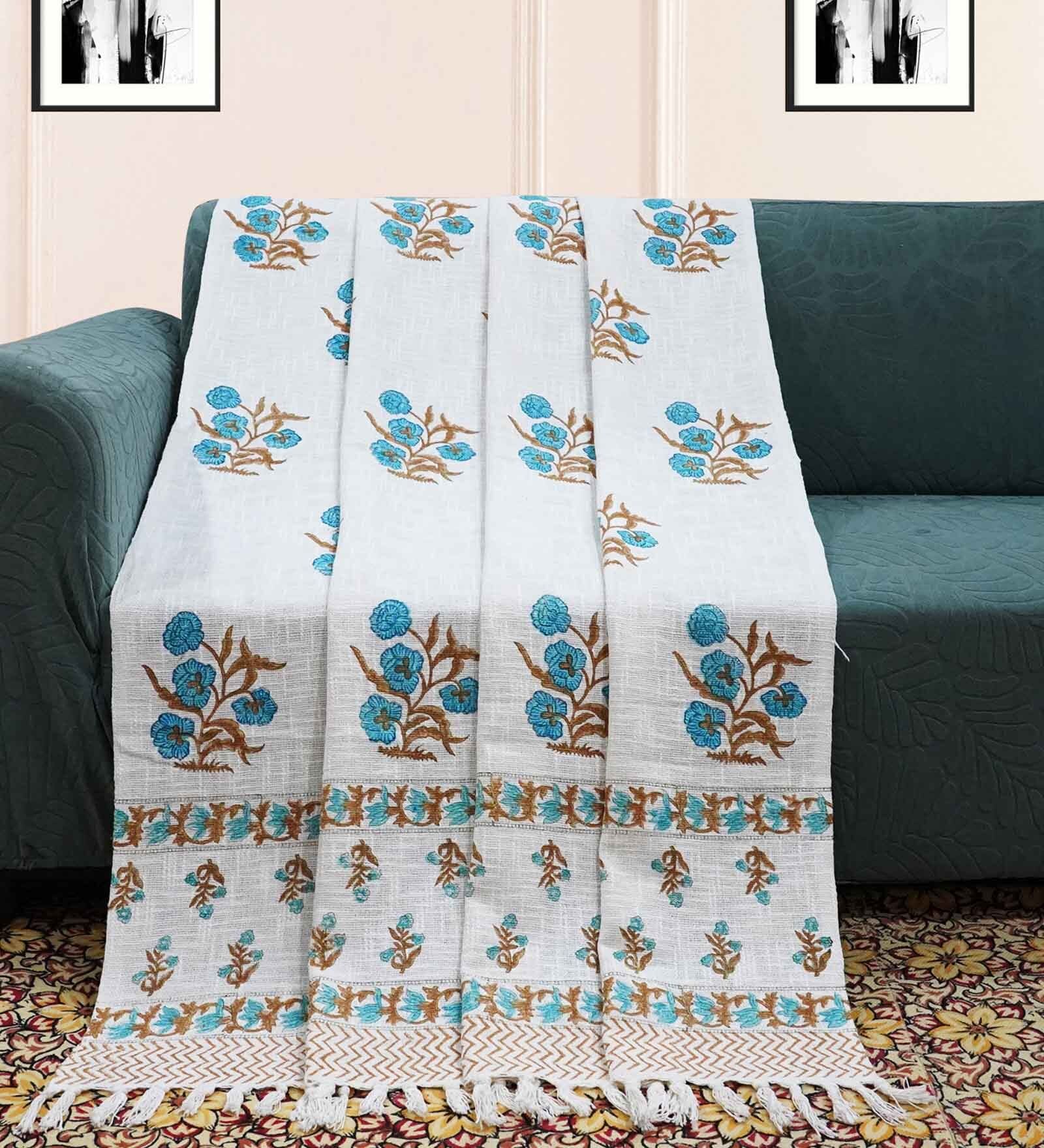 White and Blue Cotton Floral 70x50 Inches Throw
