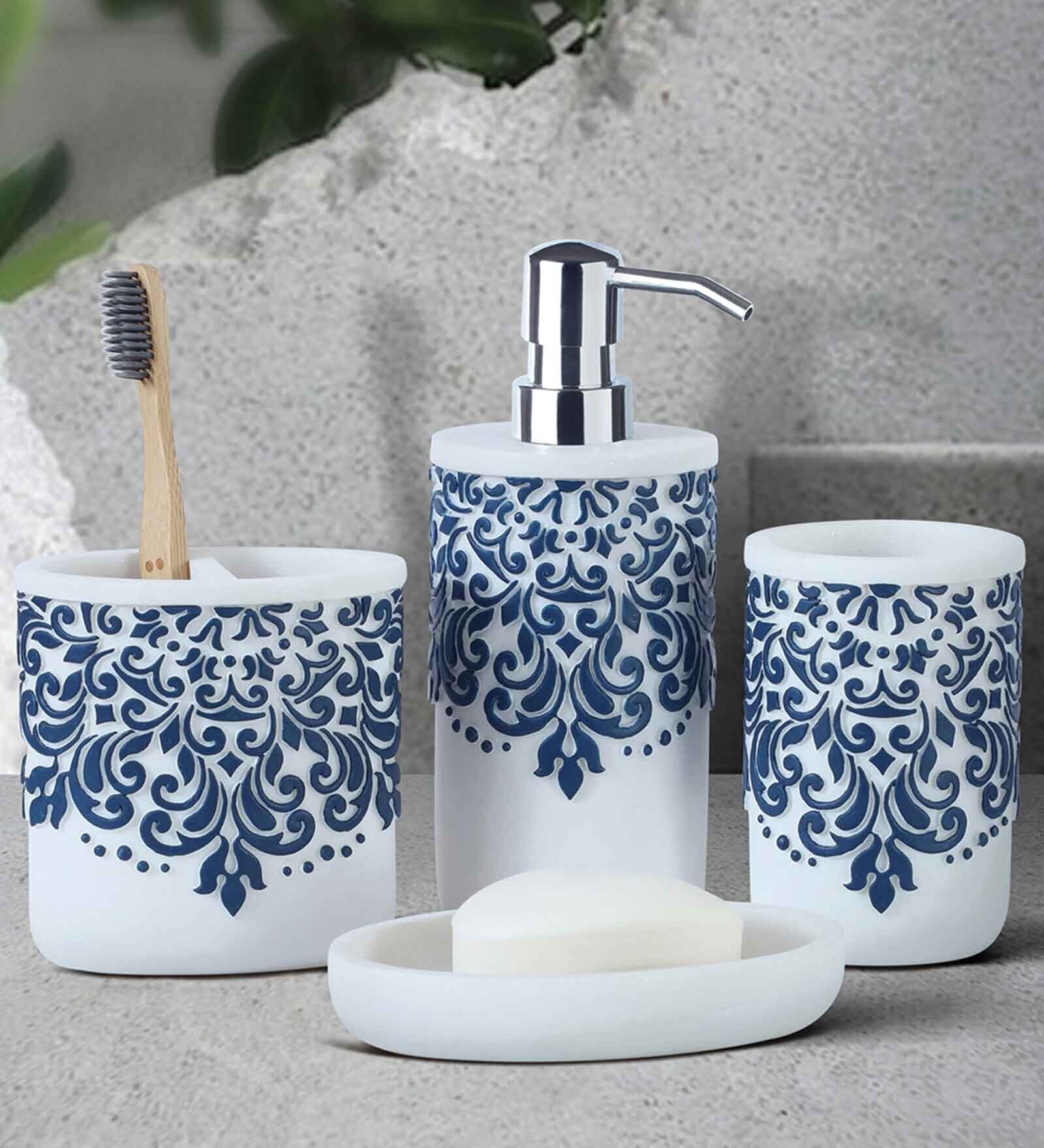 White And Blue Polyresin 4Pcs Bath Set
