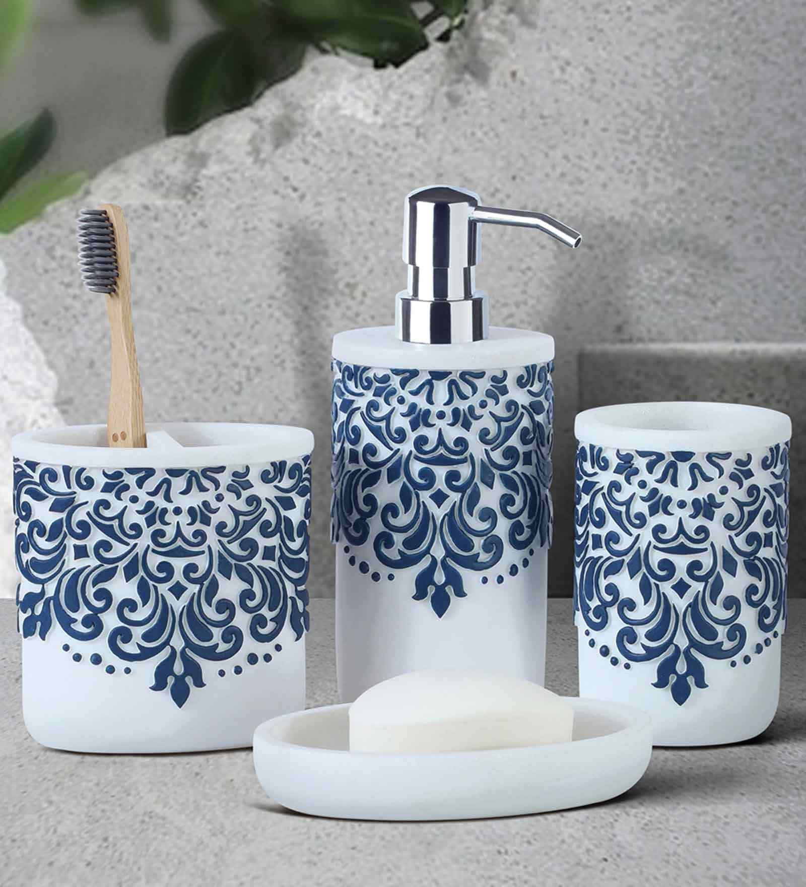 White And Blue Polyresin 4Pcs Bath Set