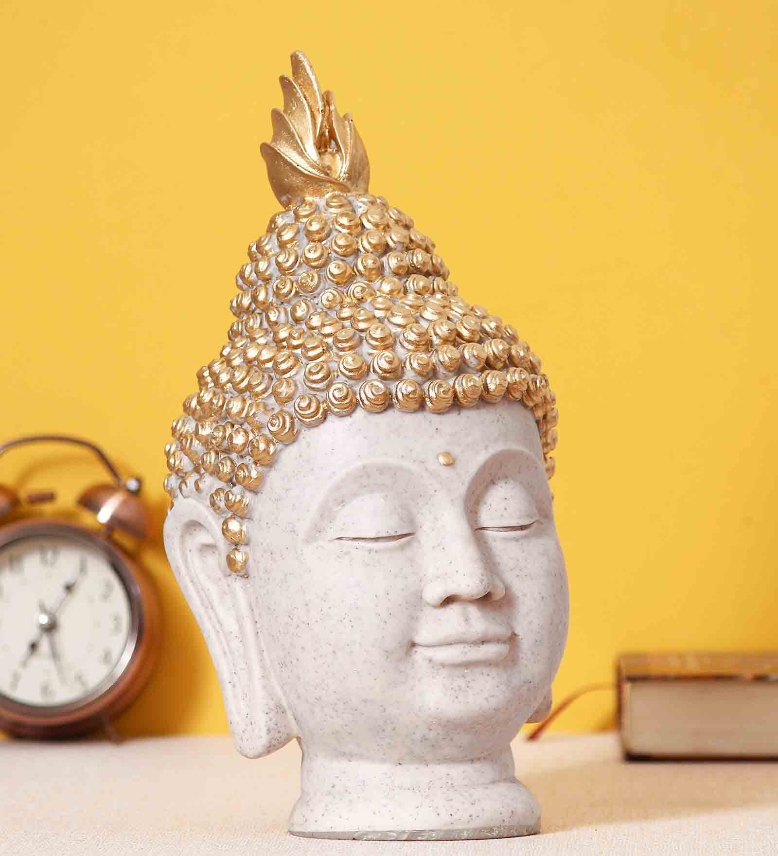 White and Golden Polyresin Decorative Buddha Head Showpiece