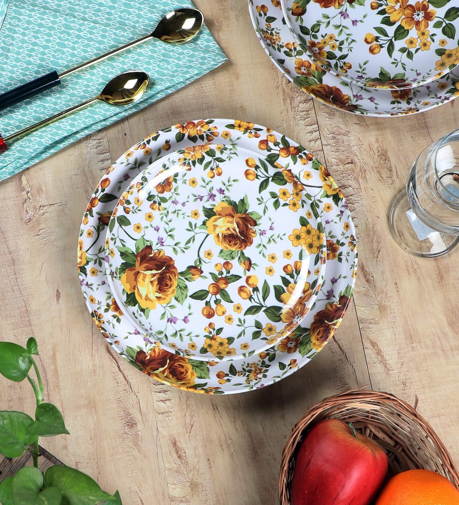 White Base Flower (Set of 12) White Melamine Dinner & Quarter Plate Set