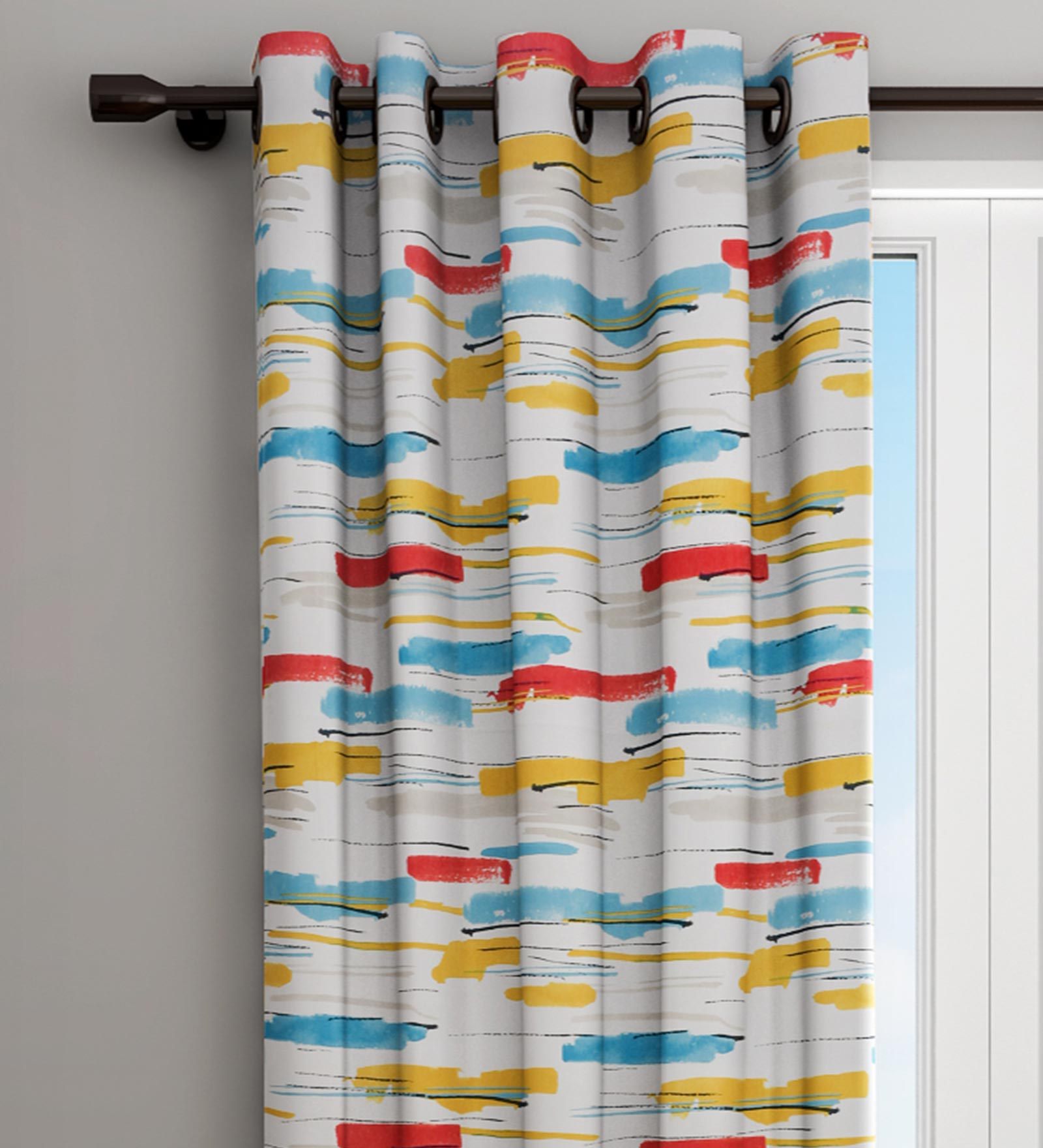 White Abstract Cotton 7 Ft Blackout Eyelet Door Curtain