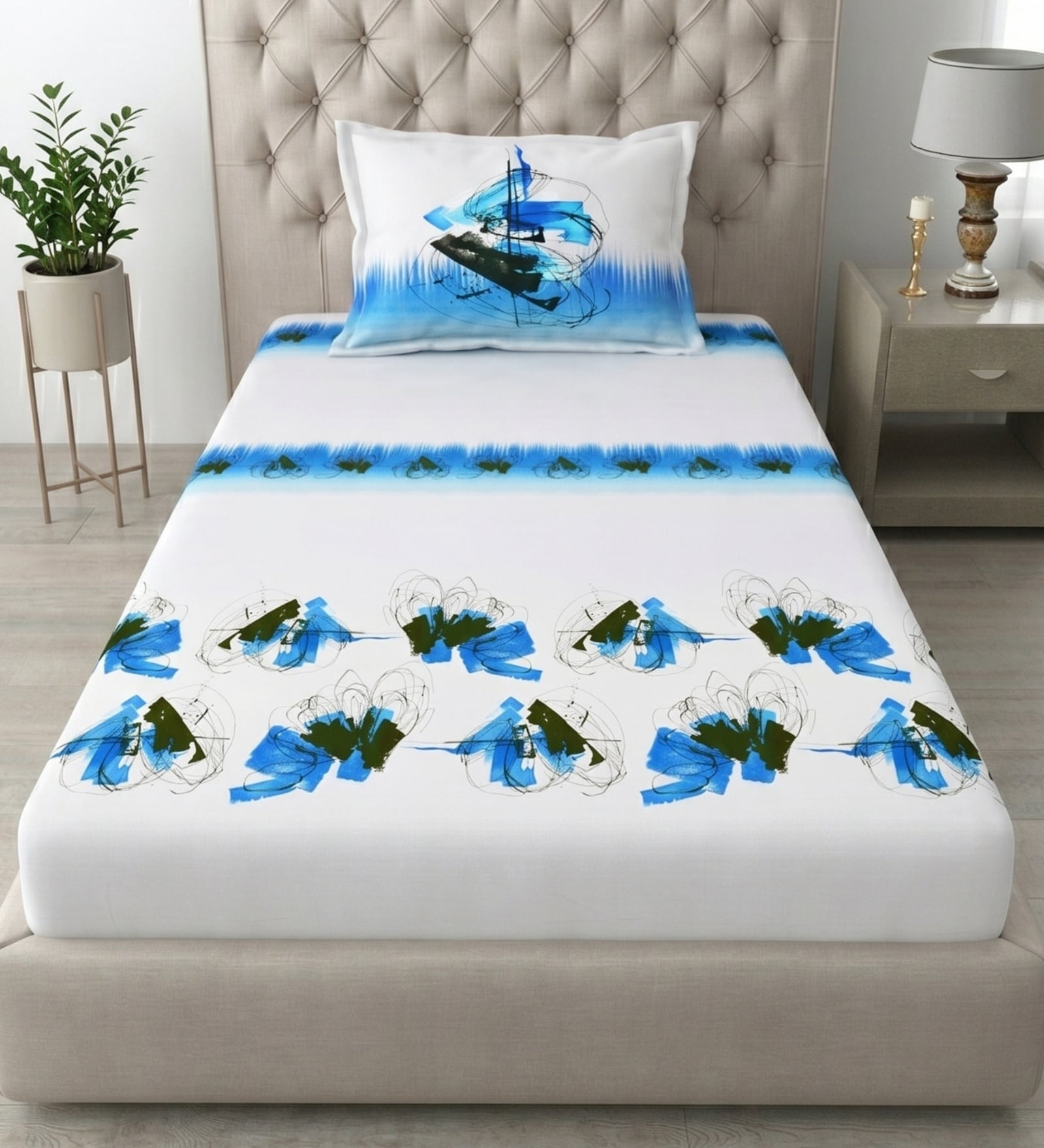 White Blue Autumn Delight Single 186 TC Cotton Bedsheet With 1 Pillow Cover White Blue Autumn Delight Single 186 TC Cotton Bedsheet With 1 Pillow Cover