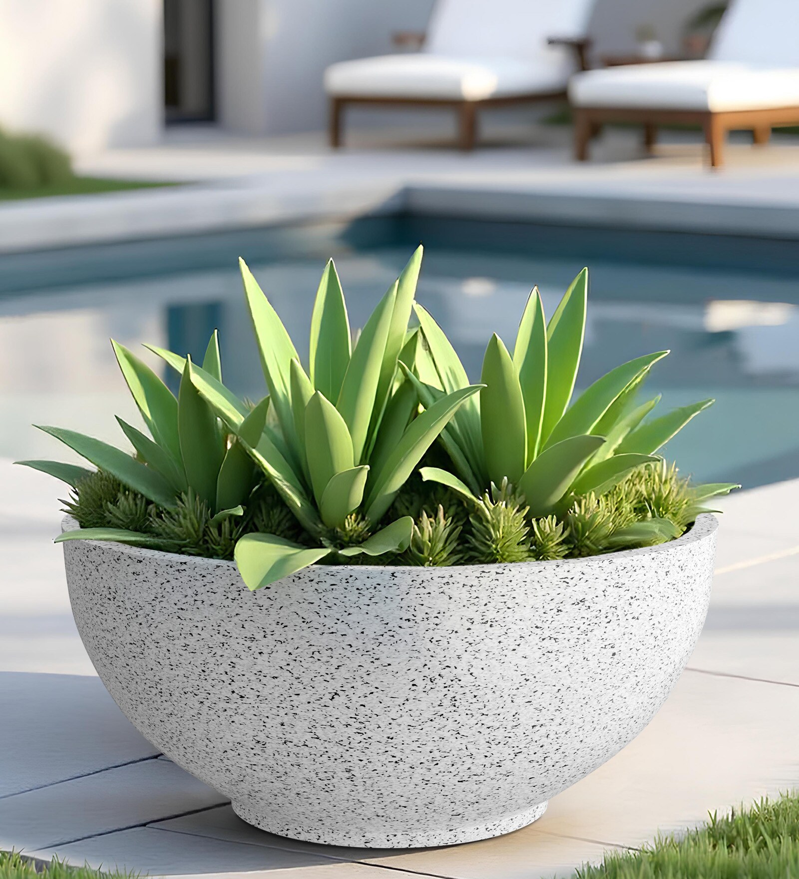 White Bowl Shaped Marble Polymer Floor Planter