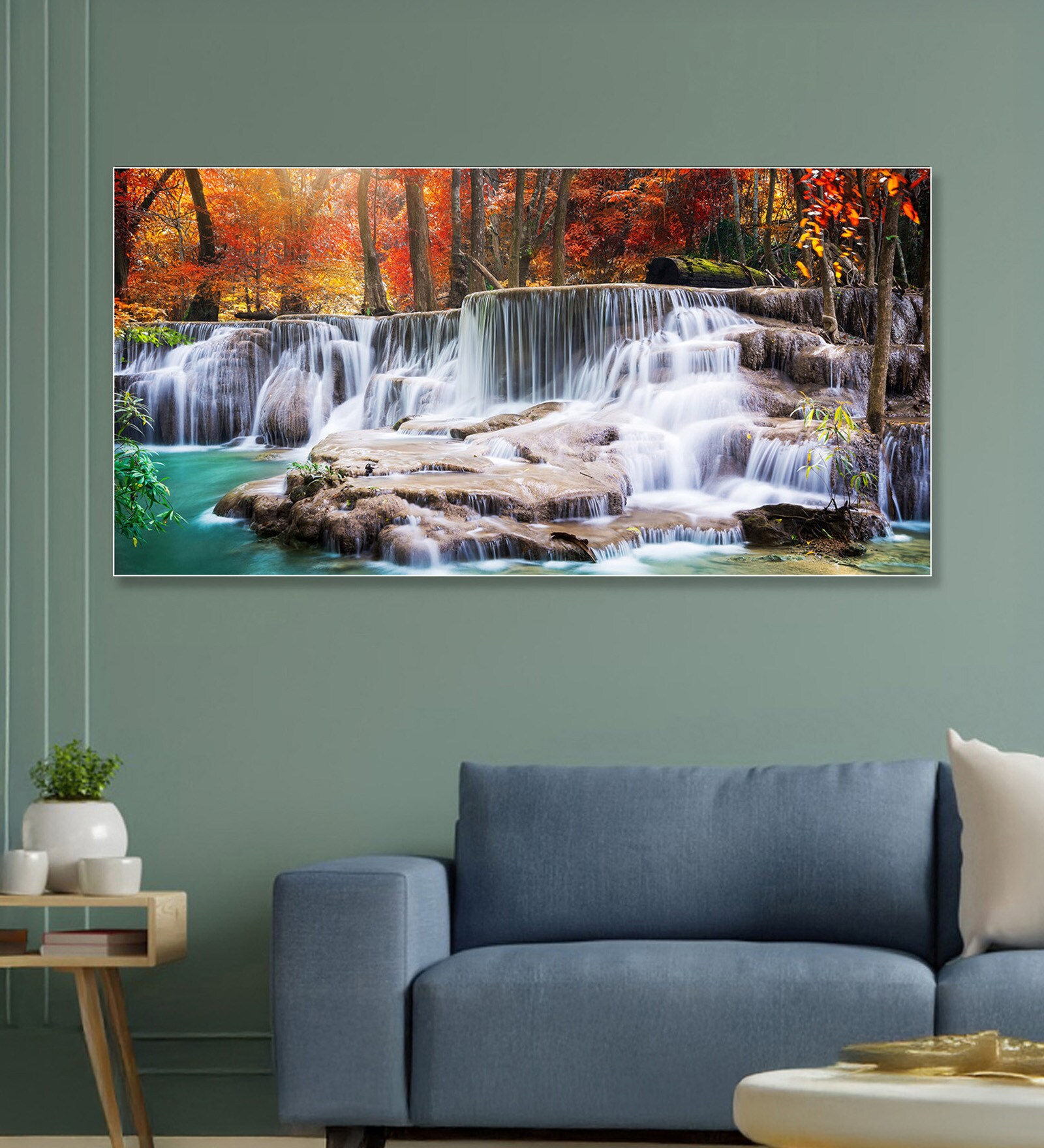 White Canvas Framed Autumn Cascade Nature's Vibrant Symphony Wall Painting(12X24 Inch)