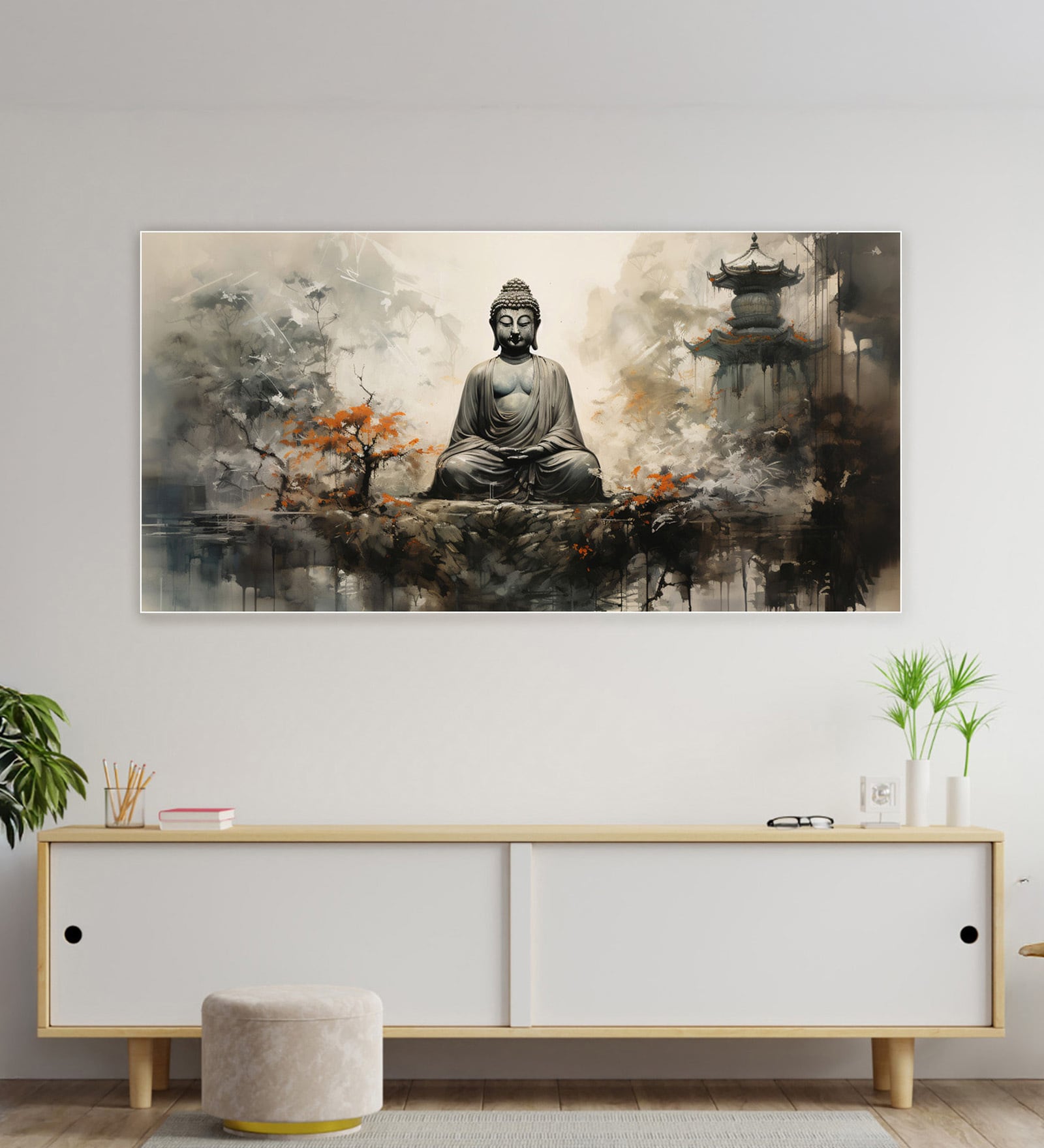 Canvas Framed Buddha in Tranquility on Rock Wall Painting