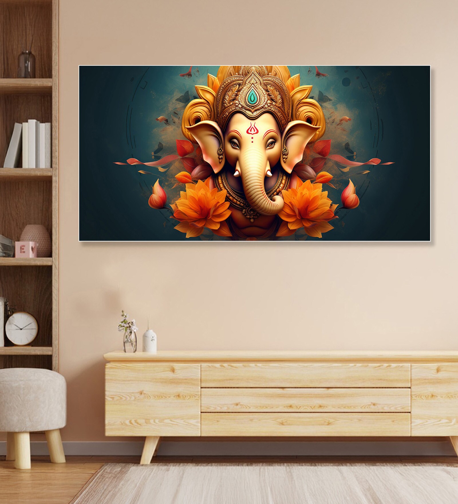 White Canvas Framed Divine Lord Ganesa in oral aesthetic Wall Painting