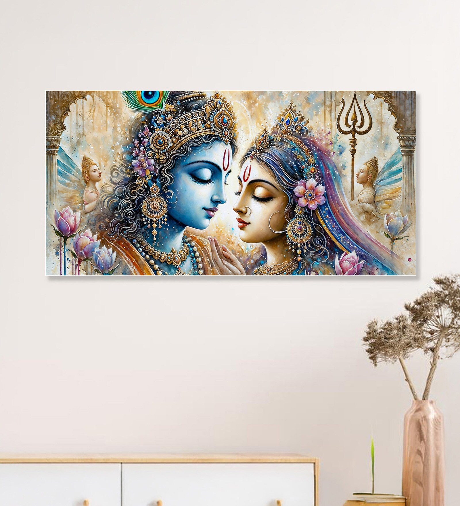 White Canvas Framed Divine Love of Krishna and Radha Wall Painting(24X48 Inch)