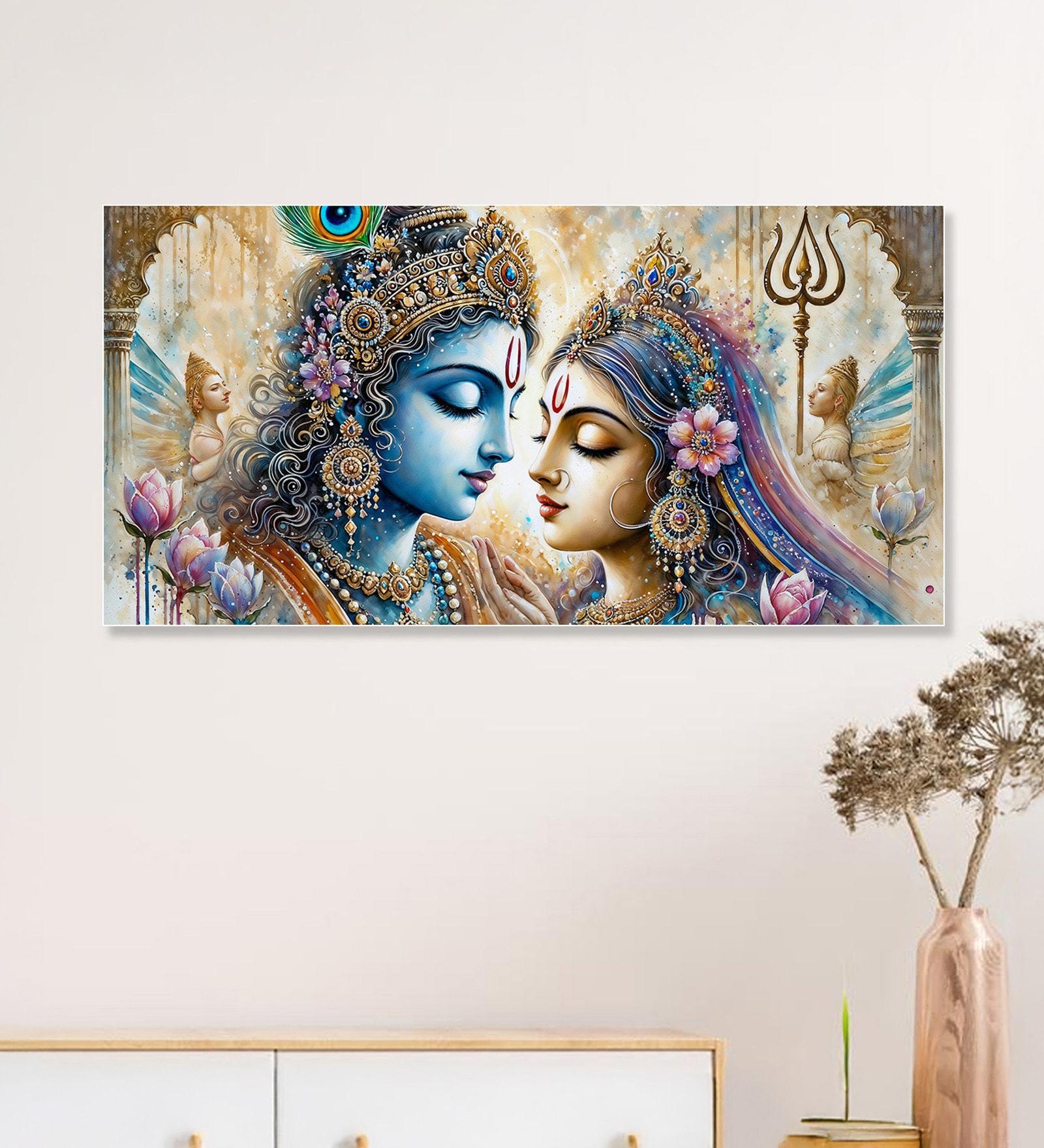 White Canvas Framed Divine Love of Krishna and Radha Wall Painting(12X24 Inch)