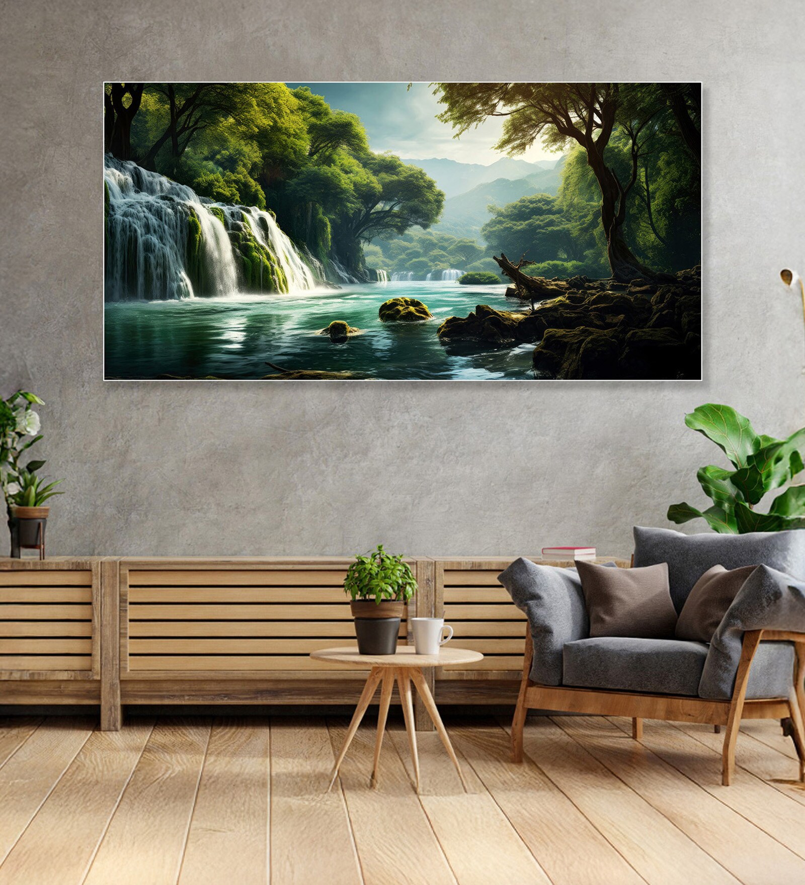 White Canvas Framed Enchanted Forest Waterfall Pink Serenity Wall Painting(18X36 Inch)