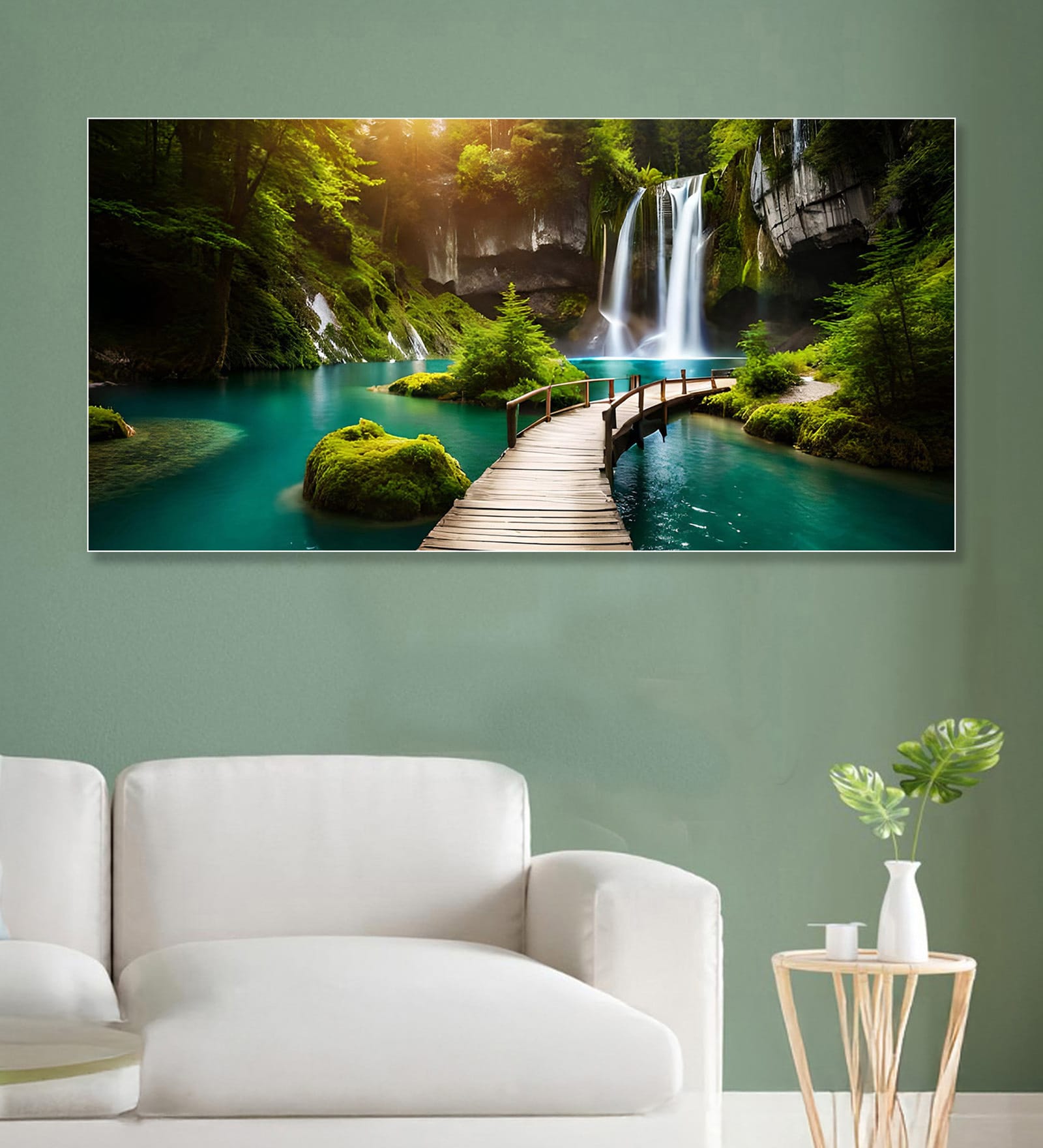 White Canvas Framed Enchanting Waterfall with Scenic Bridge Wall Painting(12X24 Inch)