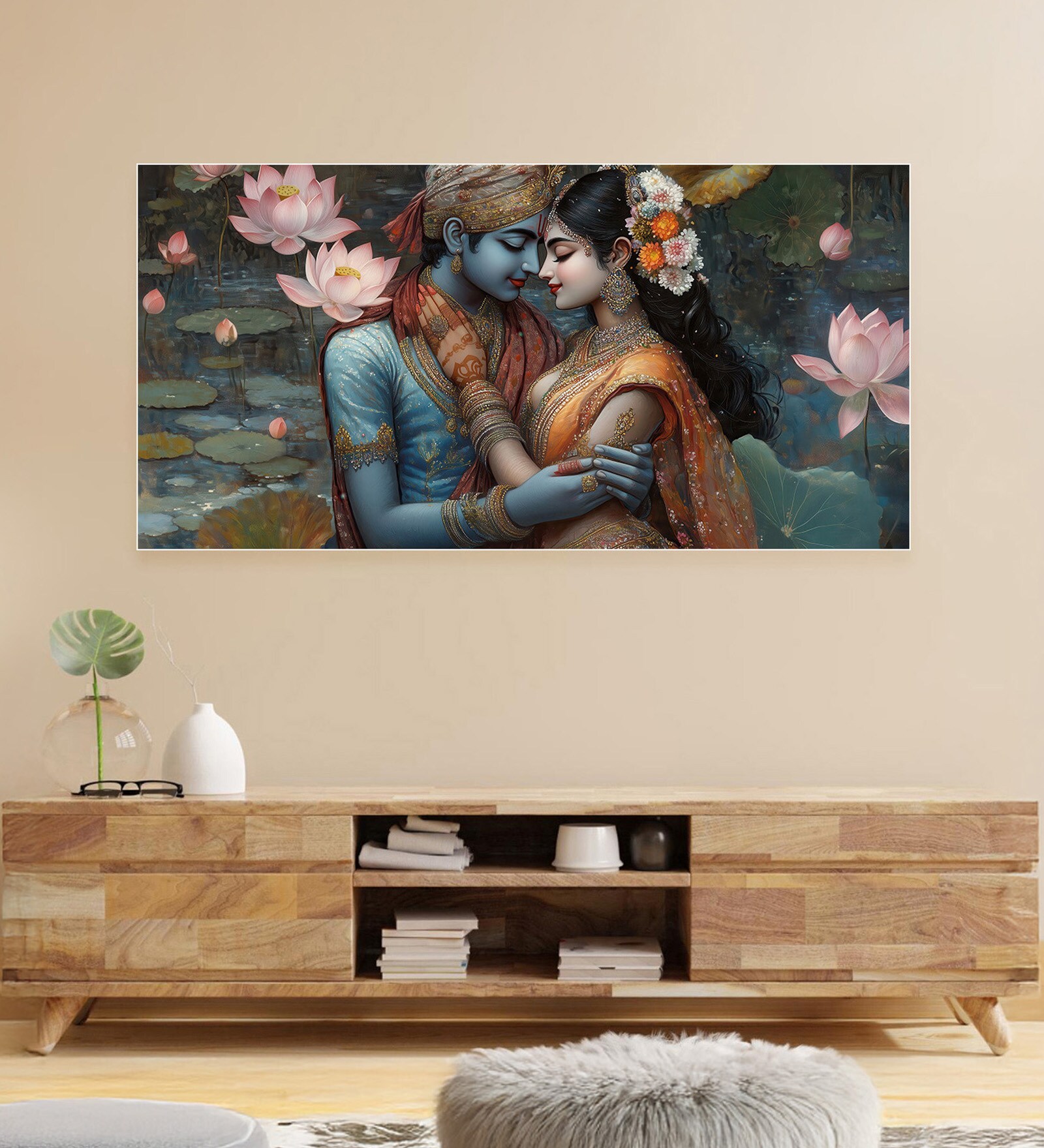White Canvas Framed Eternal Love of Krishna and Radha Wall Painting(18X36 Inch)