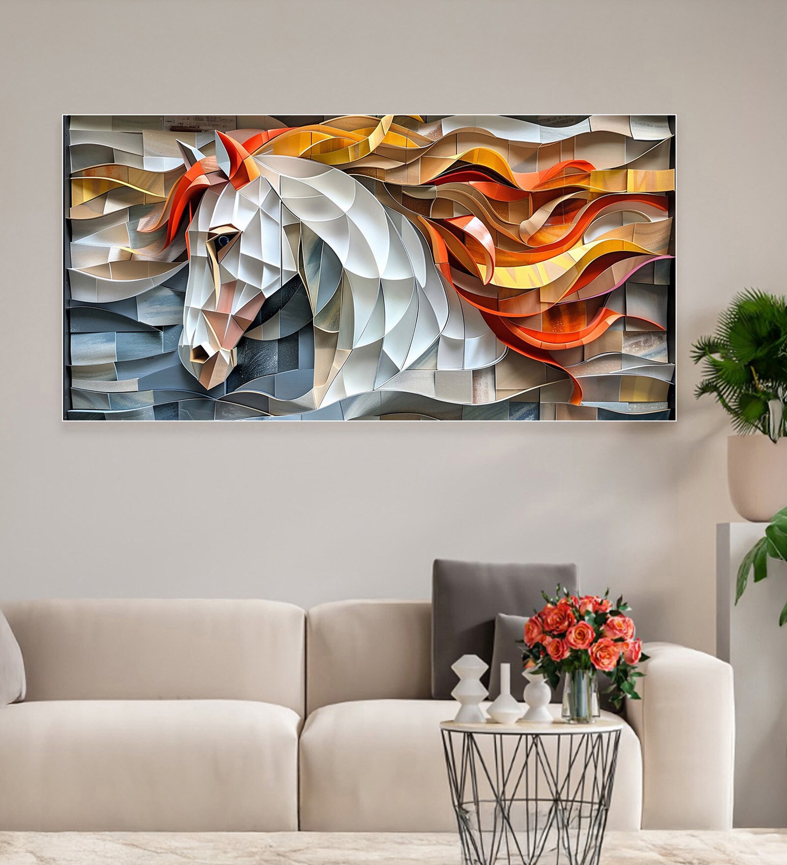 White Canvas Framed Exquisite White Horse with Mane Wall Painting(18X36 Inch)