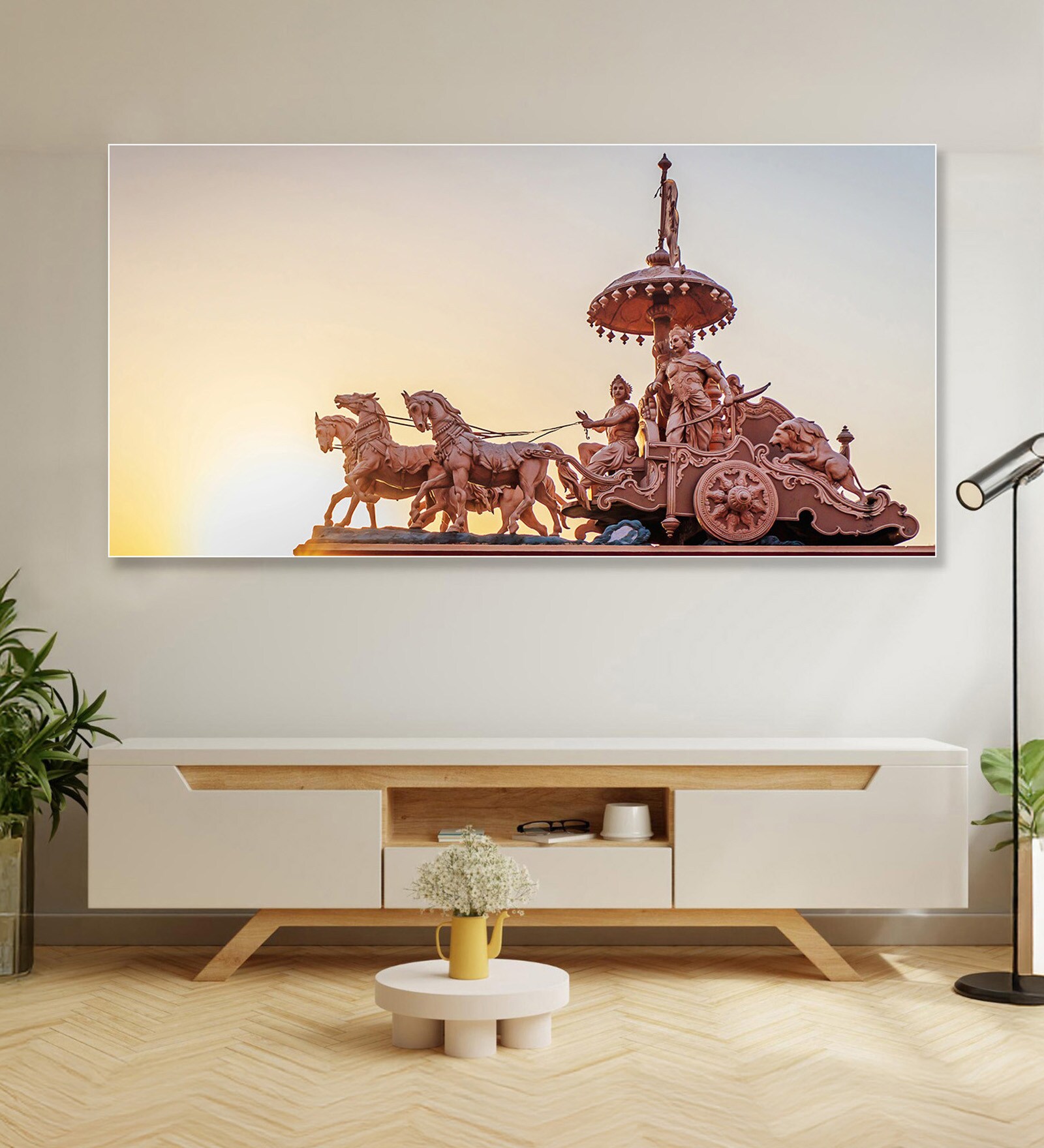White Canvas Framed Krishna and Arjuna's Divine Journey Wall Painting(12X24 Inch)