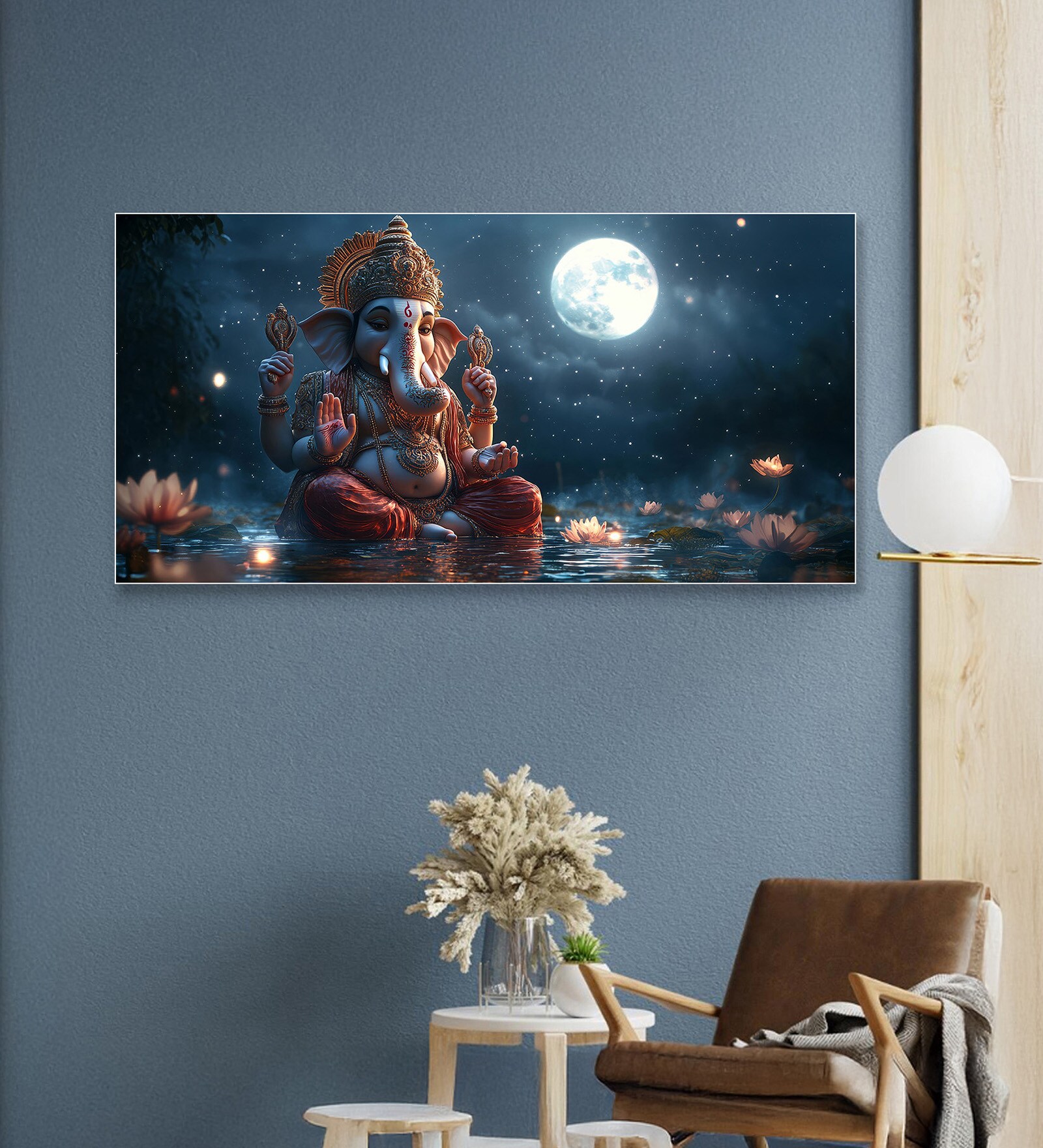 White Canvas Framed Lord Ganesha in Divine Moon Wall Painting