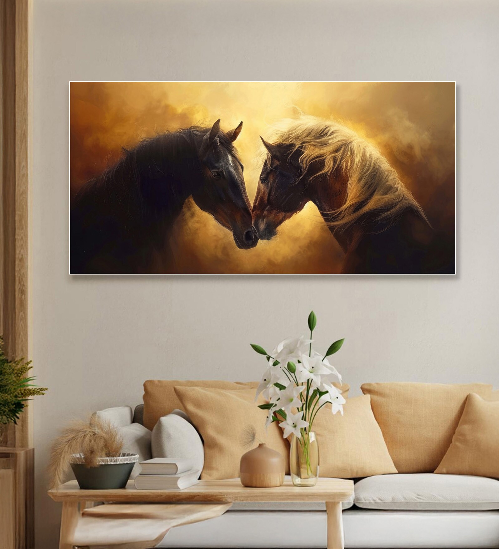 White Canvas Framed Majestic Equine Encounter in Art Wall Painting(12X24 Inch)