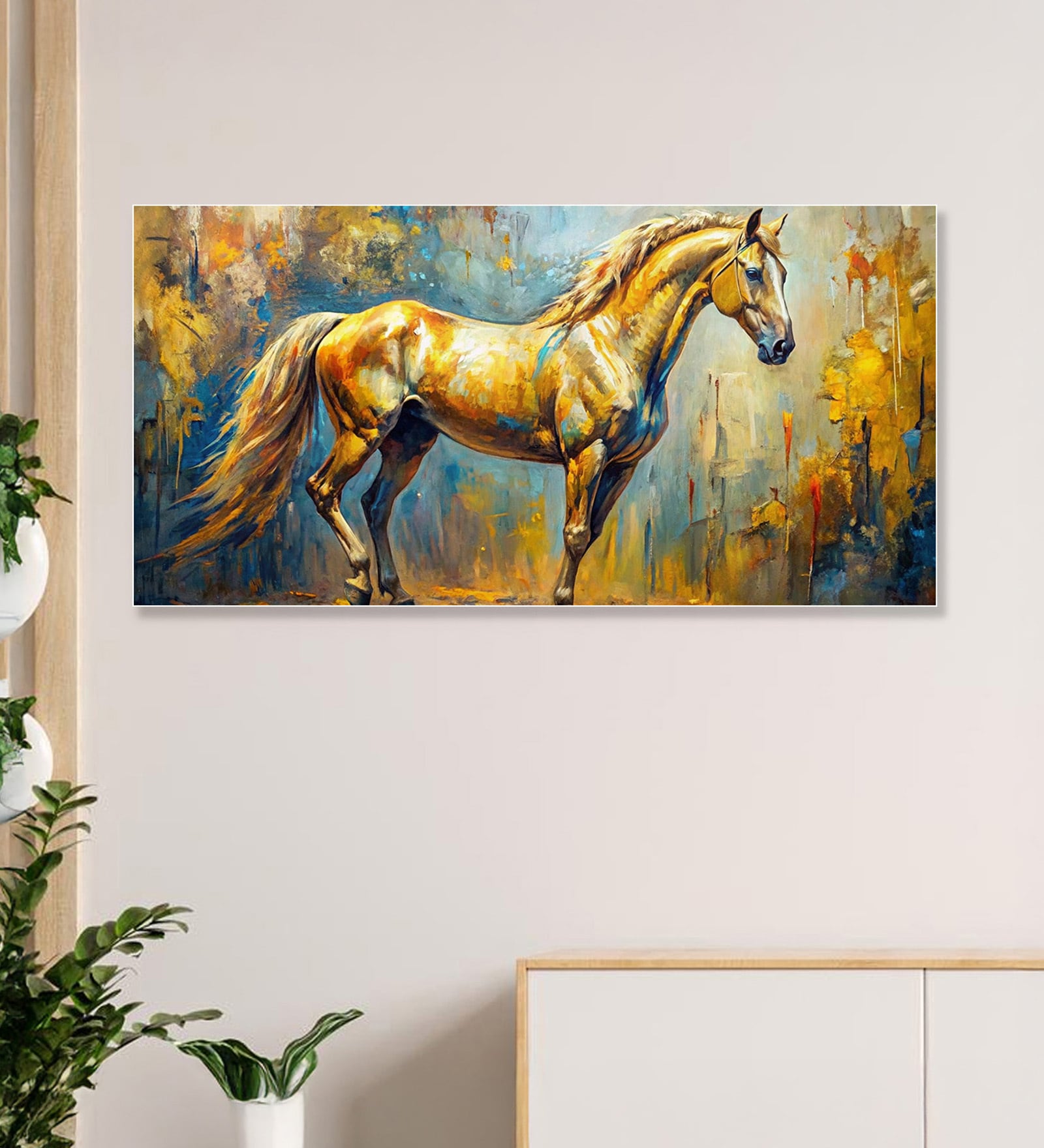 White Canvas Framed Majestic Equine Serenity in Nature Wall Painting(24X48 Inch)